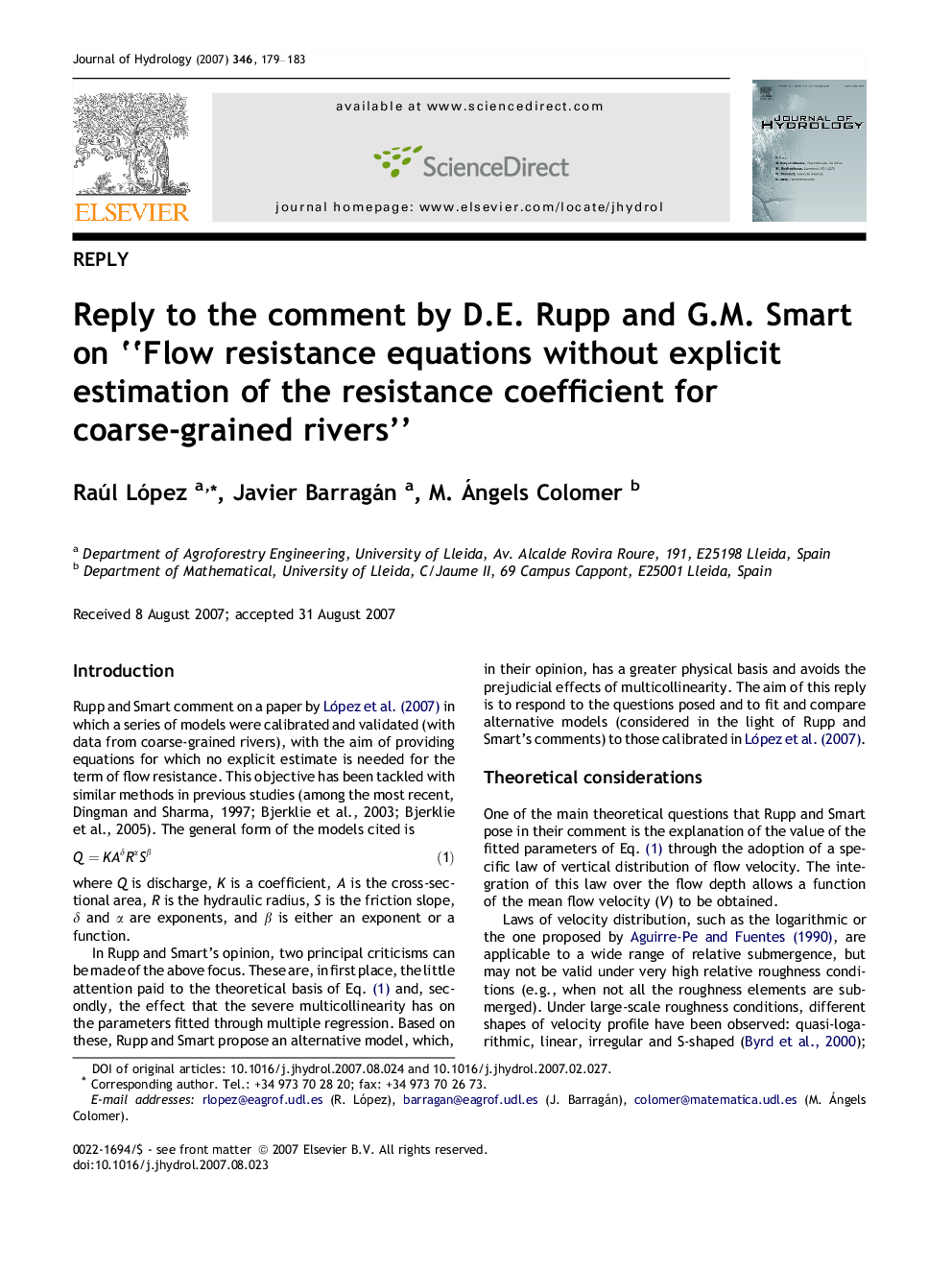 Reply to the comment by D.E. Rupp and G.M. Smart on “Flow resistance equations without explicit estimation of the resistance coefficient for coarse-grained rivers”