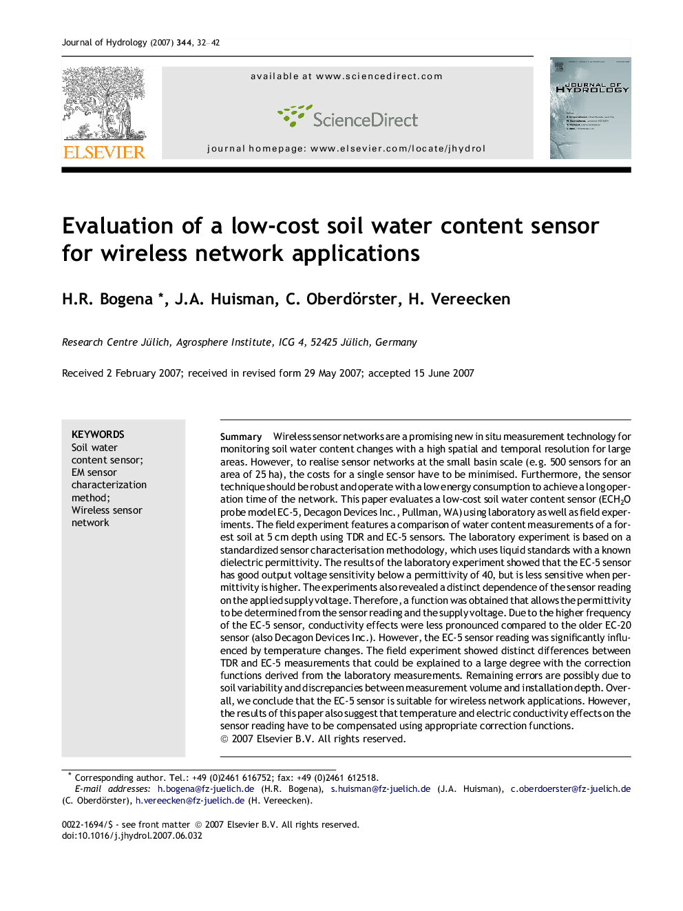 Evaluation of a low-cost soil water content sensor for wireless network applications