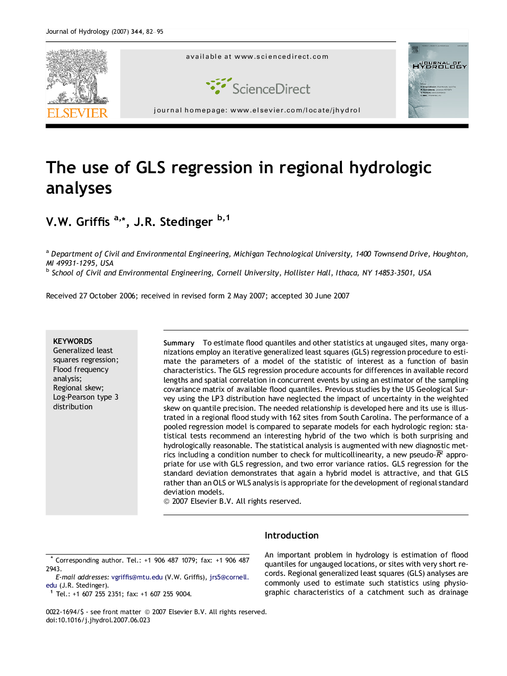 عکس صفحه اول مقاله: The use of GLS regression in regional hydrologic analyses The use of GLS regression in regional hydrologic analyses