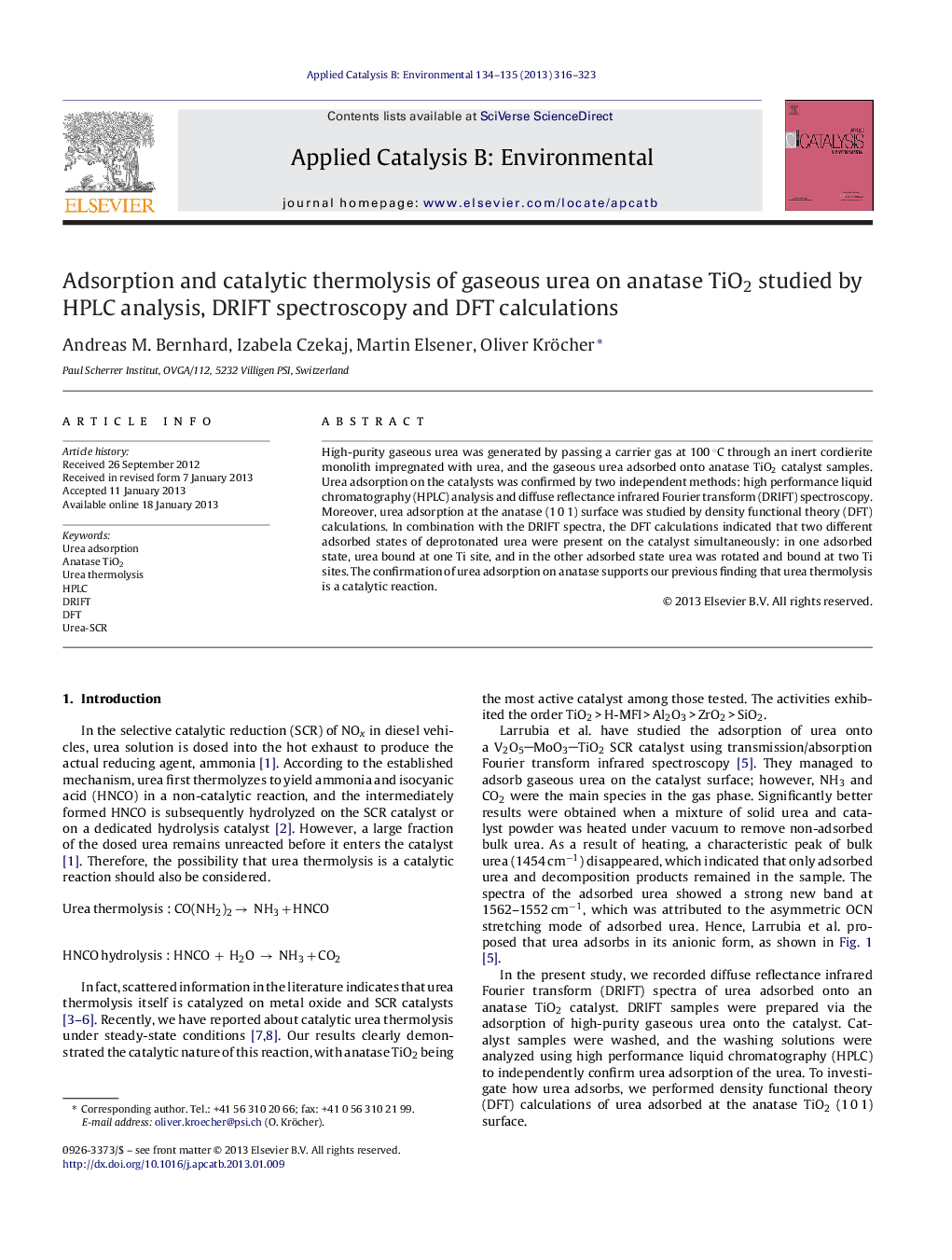 Adsorption and catalytic thermolysis of gaseous urea on anatase TiO2 studied by HPLC analysis, DRIFT spectroscopy and DFT calculations