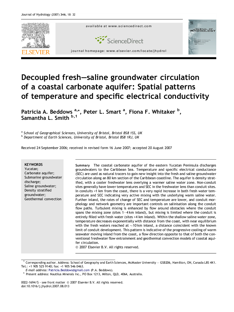 Decoupled fresh–saline groundwater circulation of a coastal carbonate aquifer: Spatial patterns of temperature and specific electrical conductivity