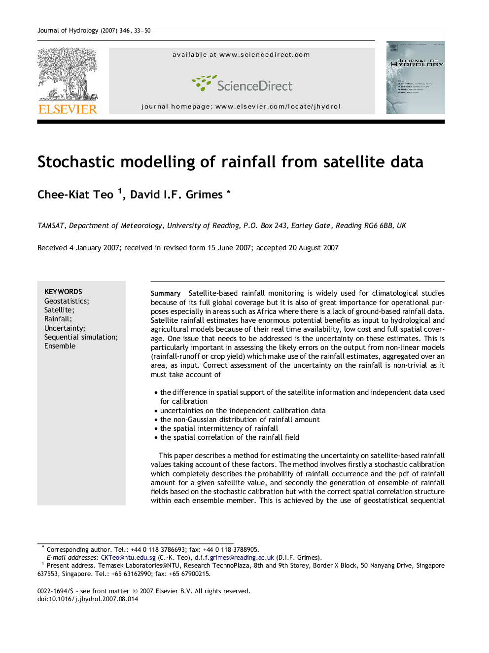 Stochastic modelling of rainfall from satellite data