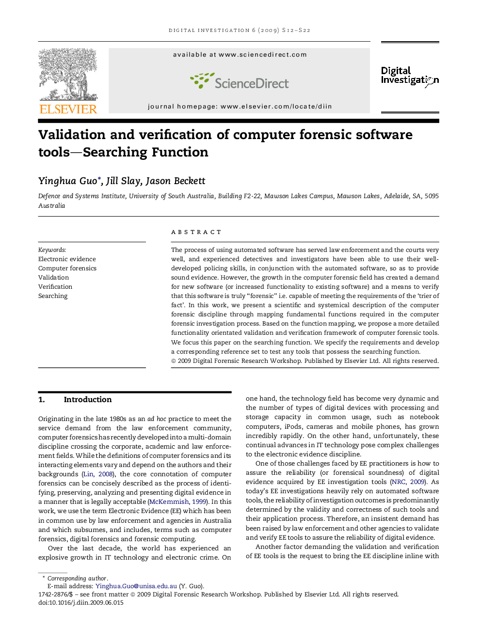 Validation and verification of computer forensic software tools—Searching Function