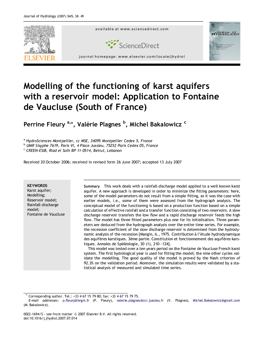 Modelling of the functioning of karst aquifers with a reservoir model: Application to Fontaine de Vaucluse (South of France)