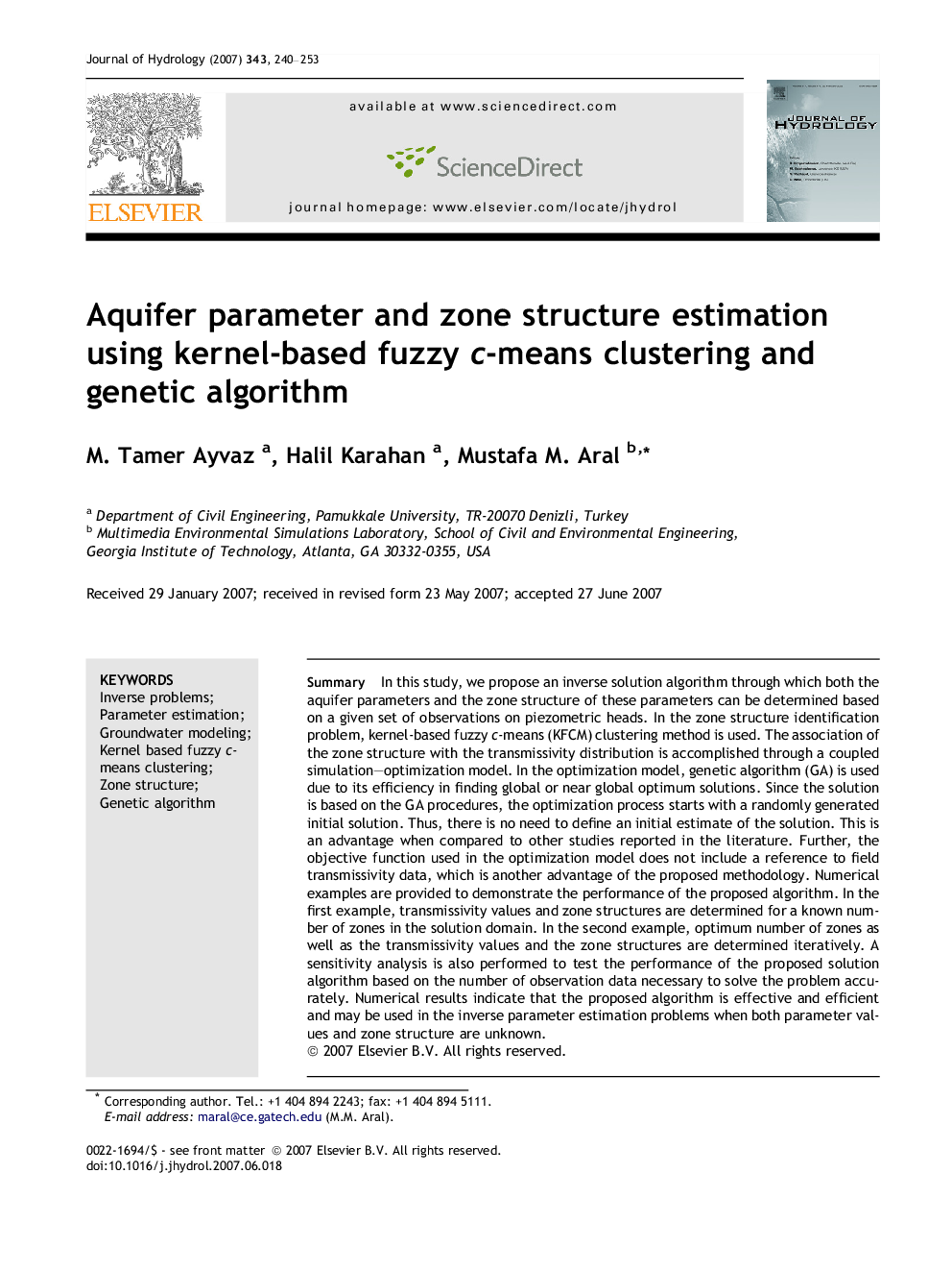 Aquifer parameter and zone structure estimation using kernel-based fuzzy c-means clustering and genetic algorithm