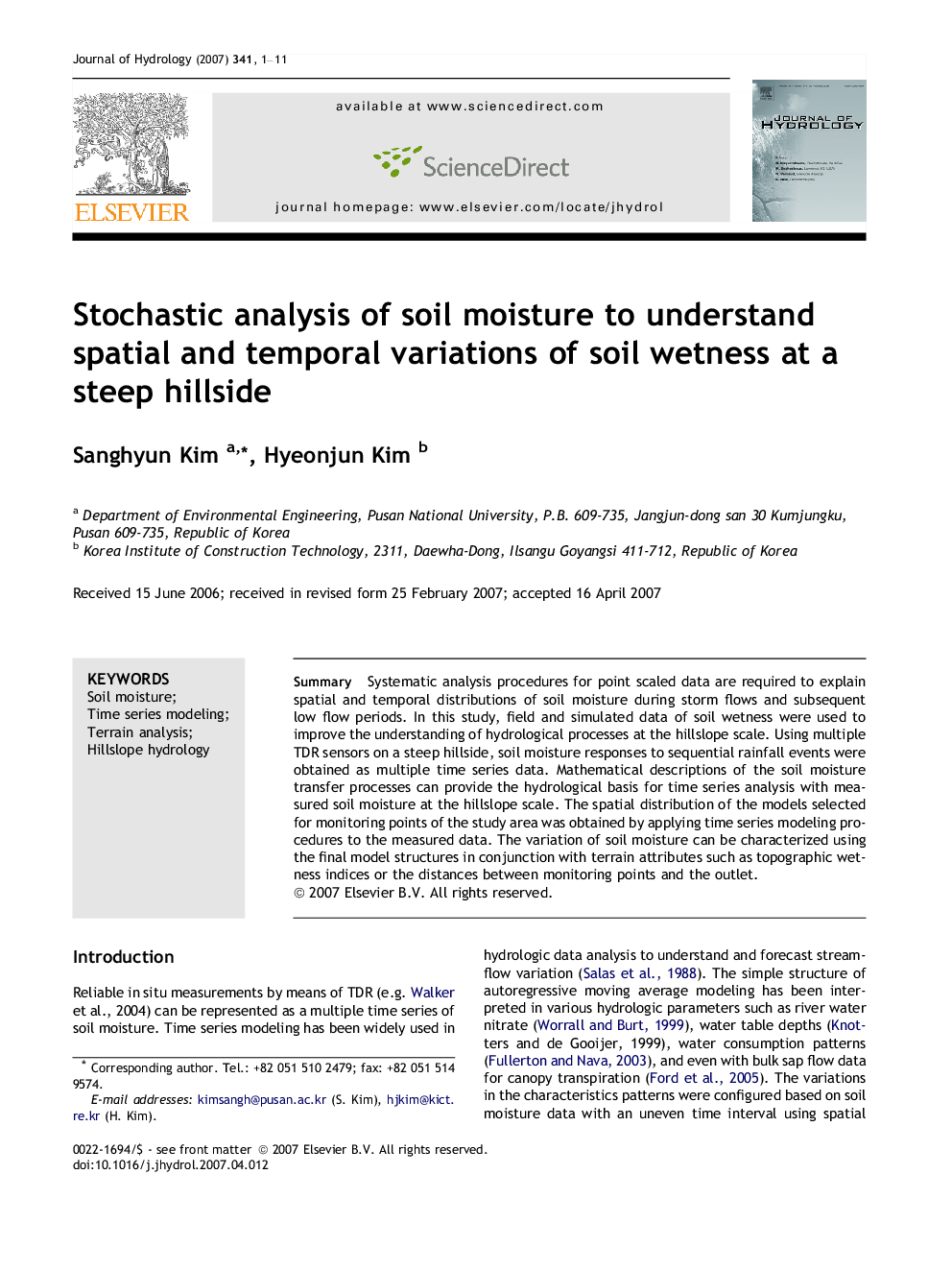 Stochastic analysis of soil moisture to understand spatial and temporal variations of soil wetness at a steep hillside