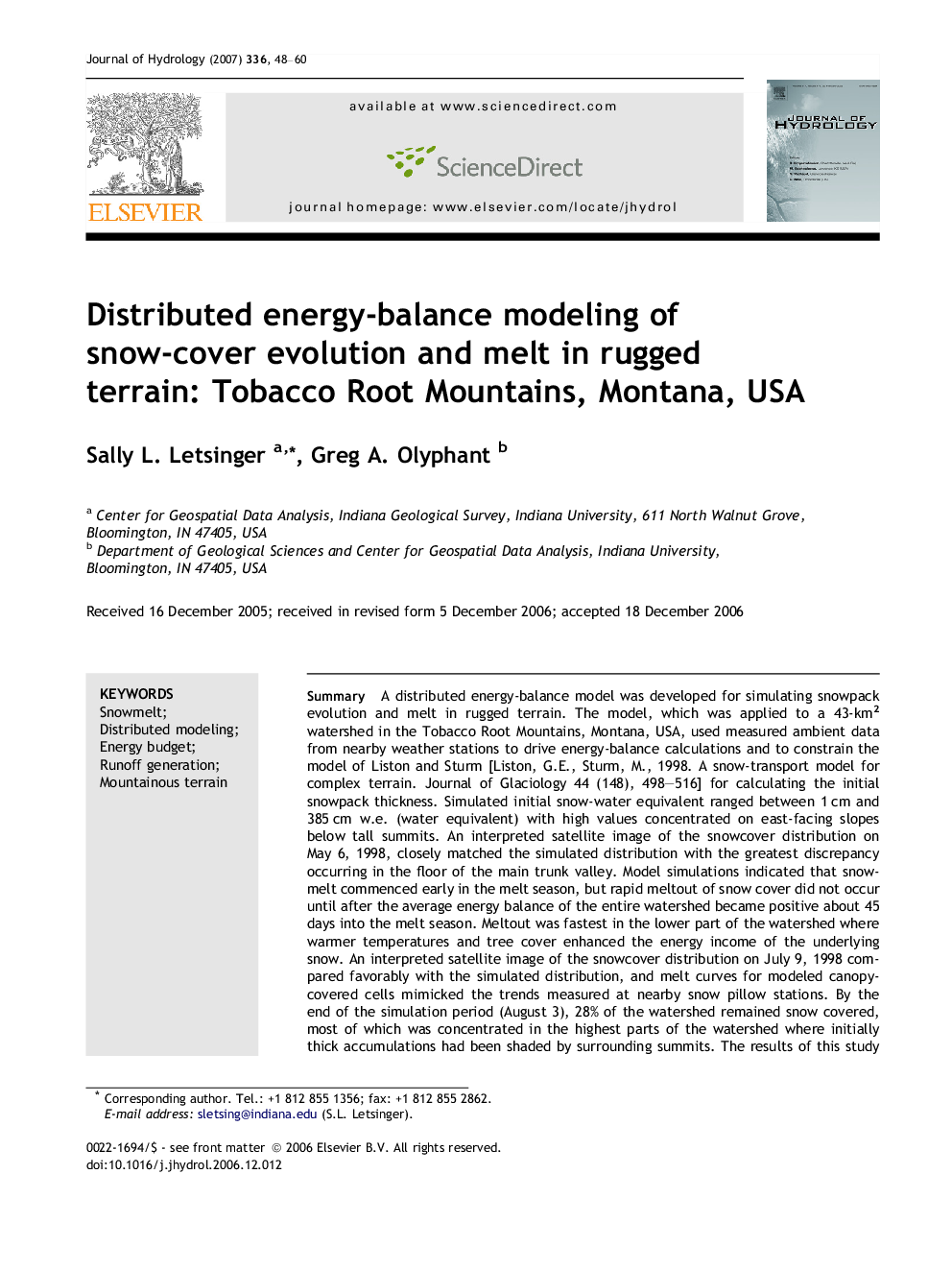 Distributed energy-balance modeling of snow-cover evolution and melt in rugged terrain: Tobacco Root Mountains, Montana, USA