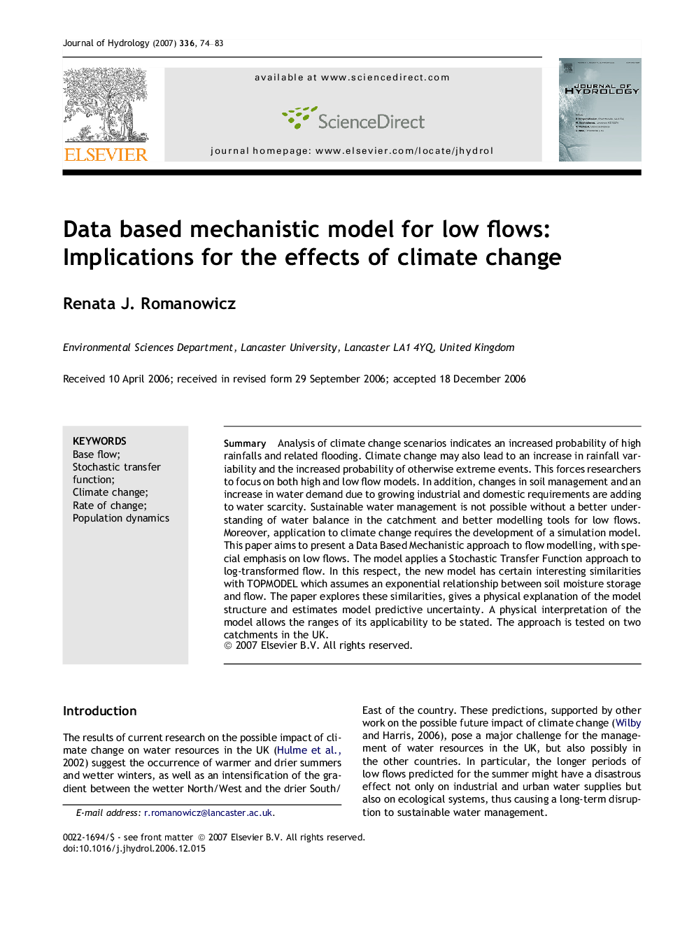 Data based mechanistic model for low flows: Implications for the effects of climate change