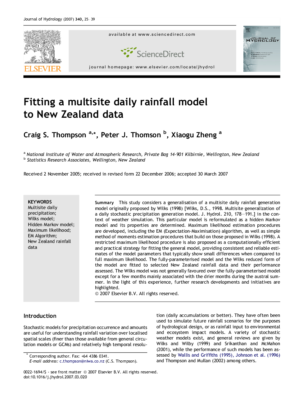 Fitting a multisite daily rainfall model to New Zealand data