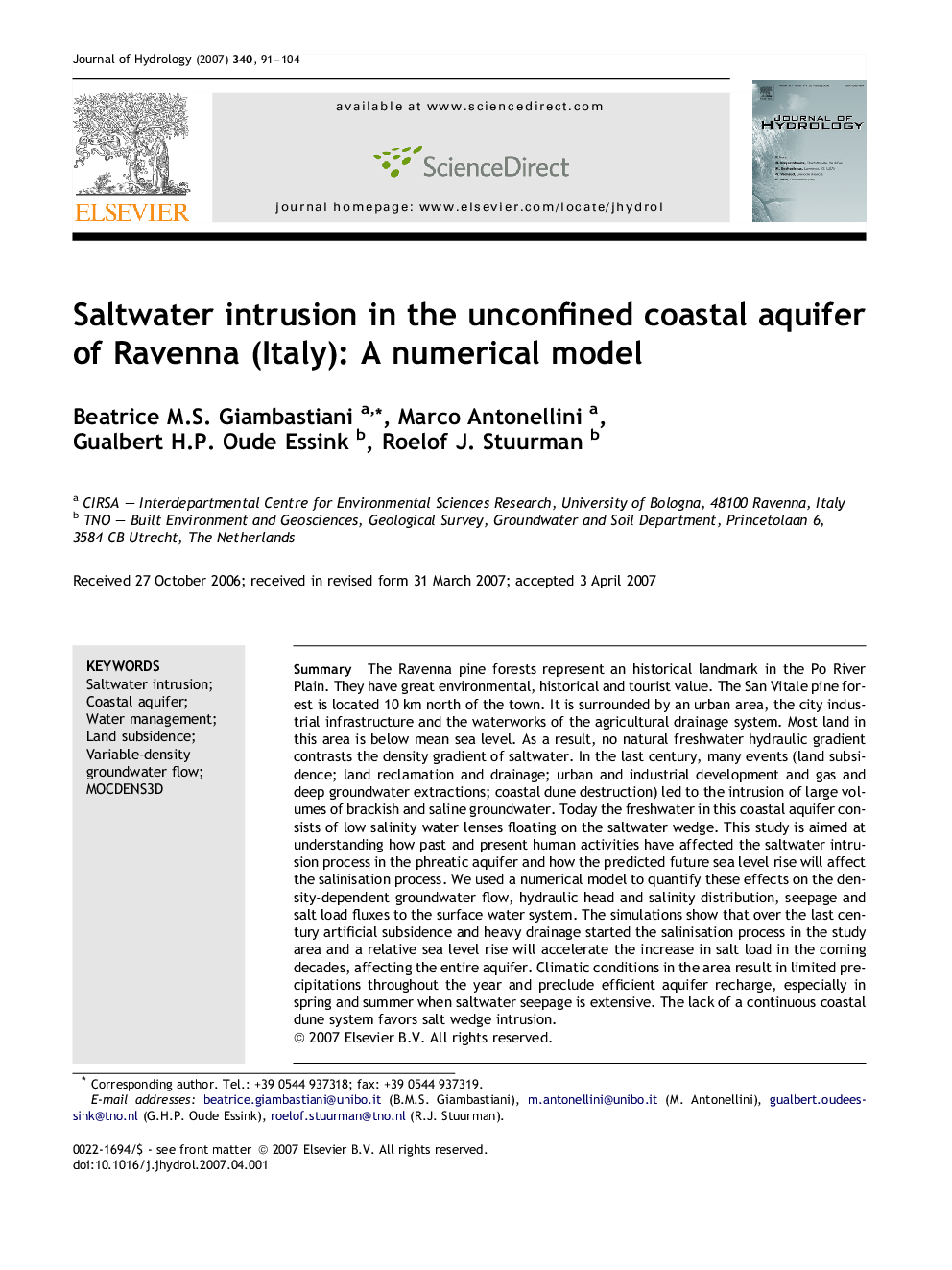 Saltwater intrusion in the unconfined coastal aquifer of Ravenna (Italy): A numerical model