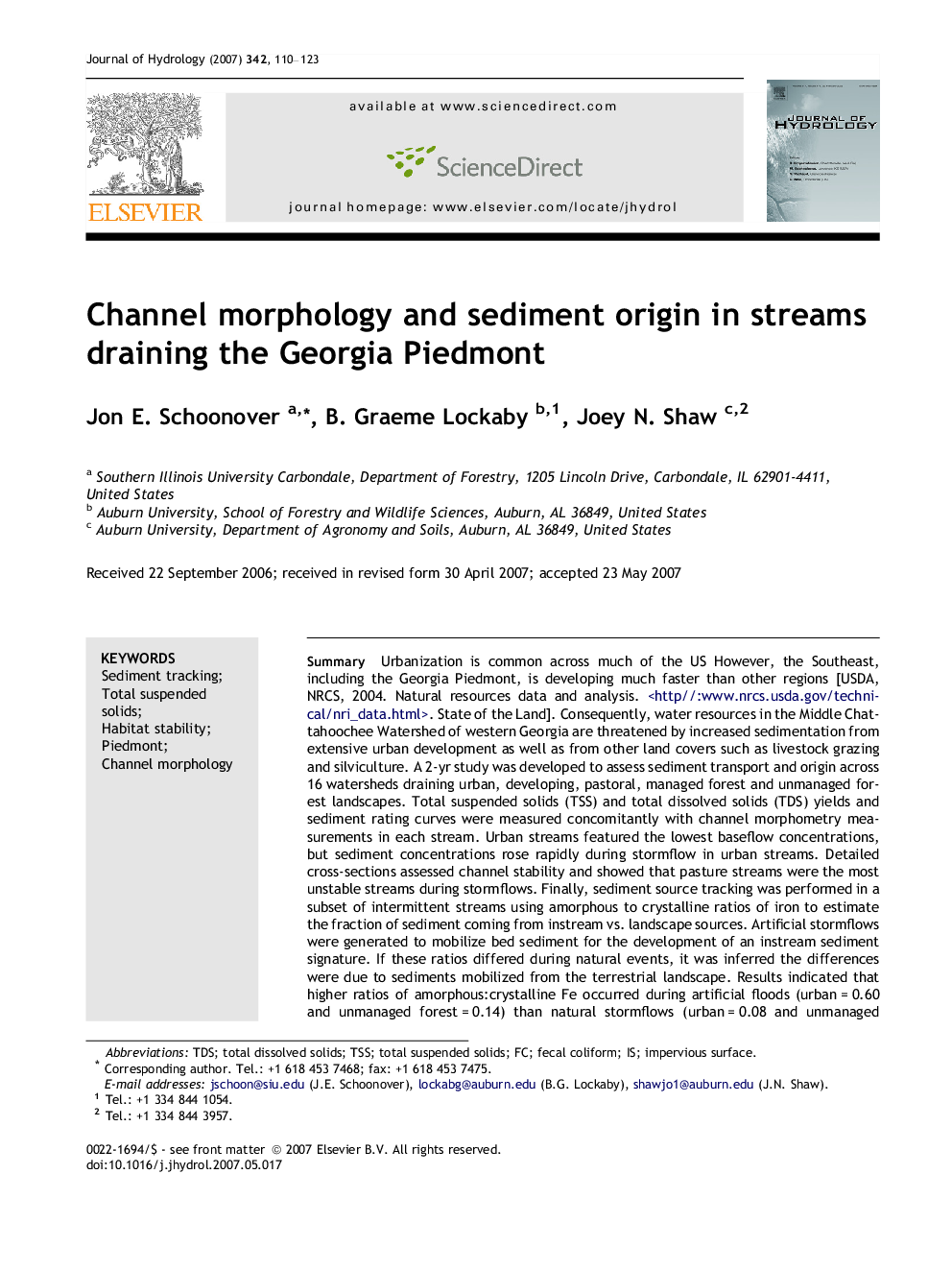 Channel morphology and sediment origin in streams draining the Georgia Piedmont