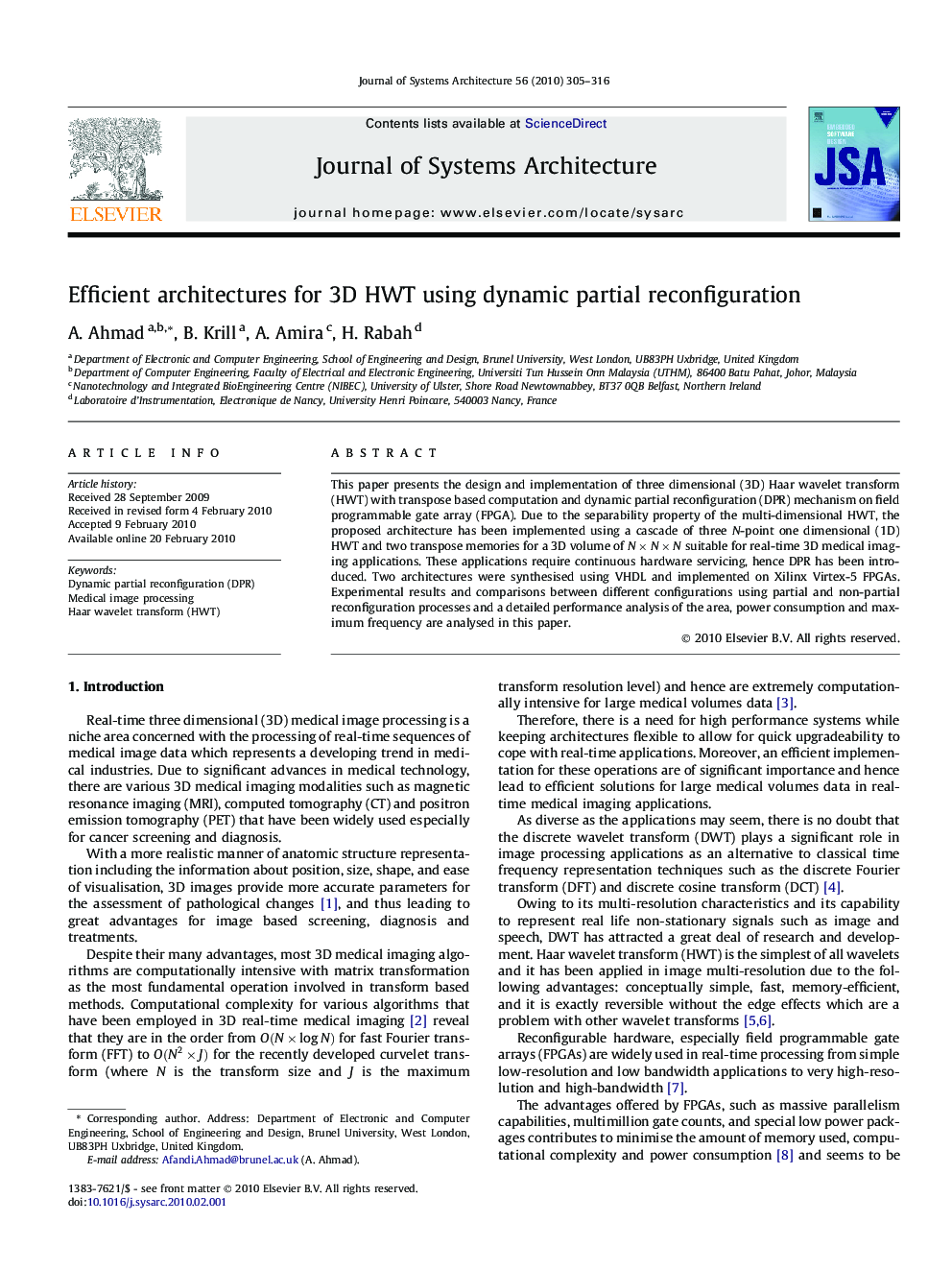 Efficient architectures for 3D HWT using dynamic partial reconfiguration