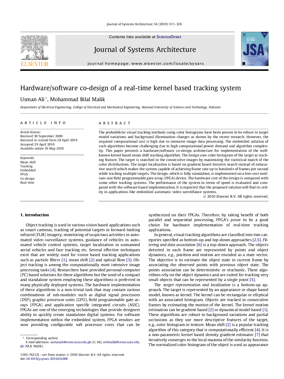 Hardware/software co-design of a real-time kernel based tracking system