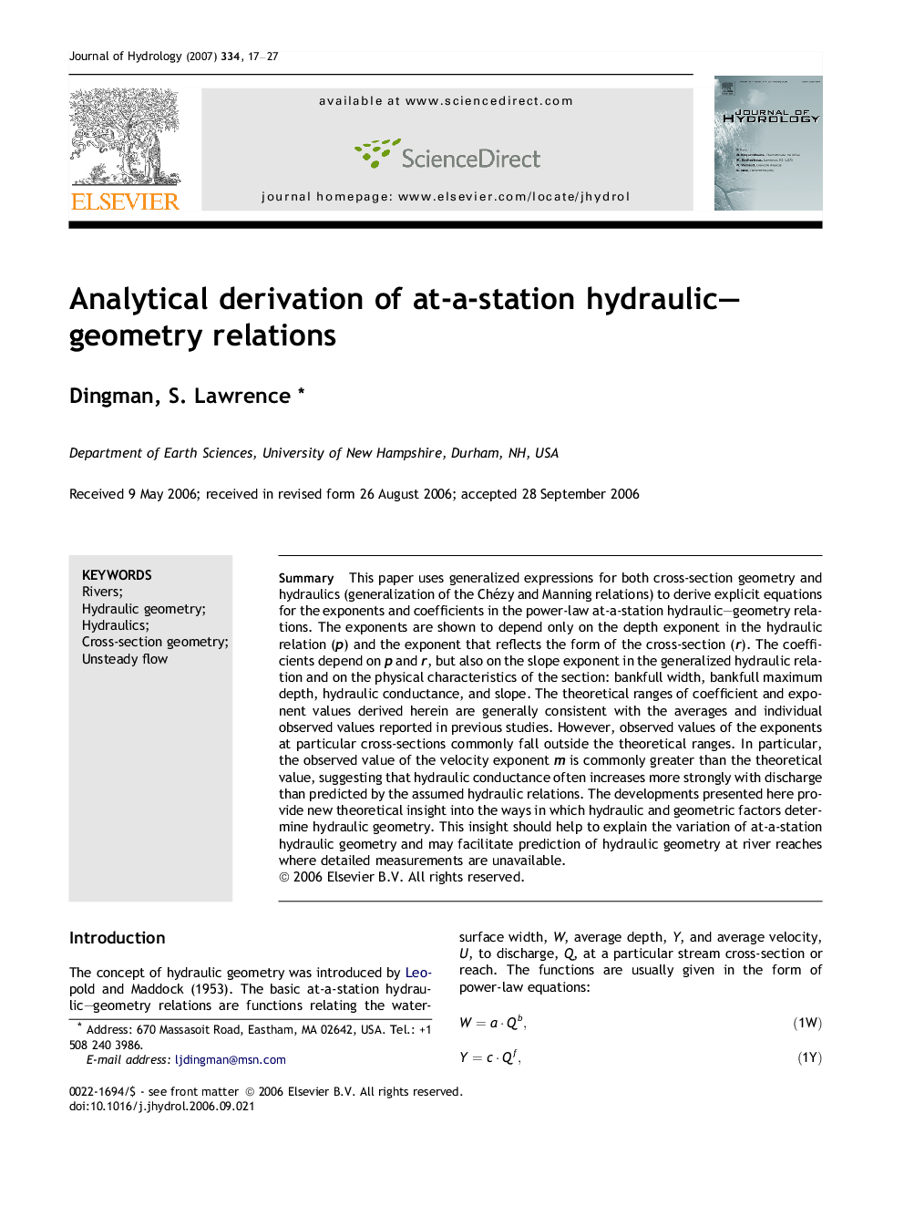 Analytical derivation of at-a-station hydraulic–geometry relations