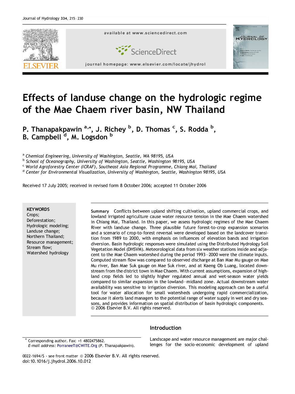 Effects of landuse change on the hydrologic regime of the Mae Chaem river basin, NW Thailand