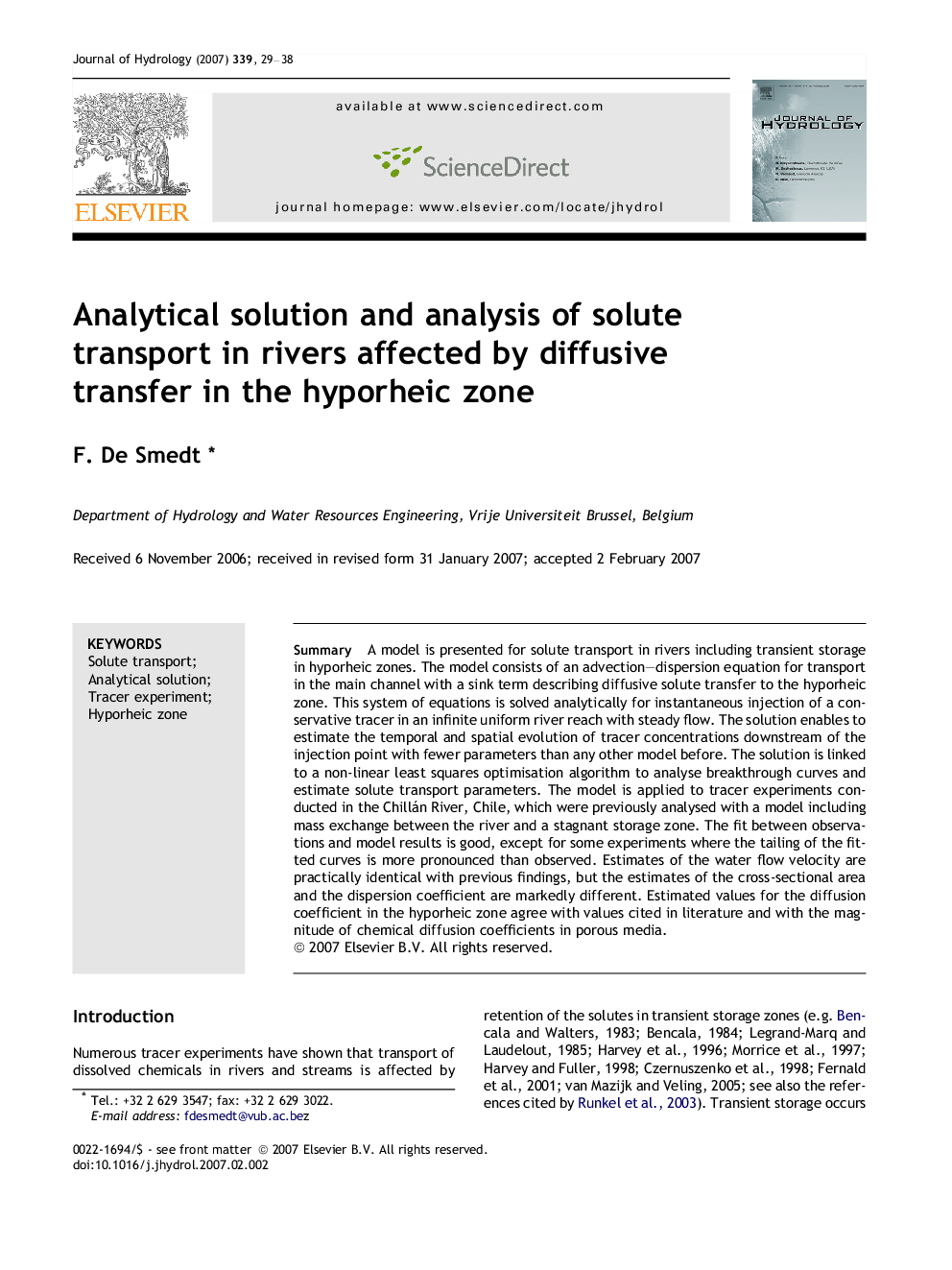 Analytical solution and analysis of solute transport in rivers affected by diffusive transfer in the hyporheic zone