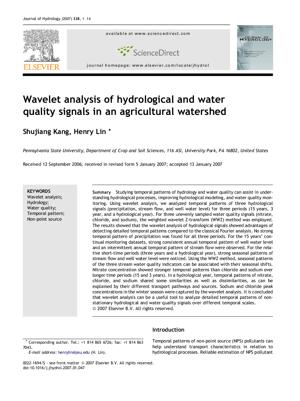 Wavelet analysis of hydrological and water quality signals in an agricultural watershed