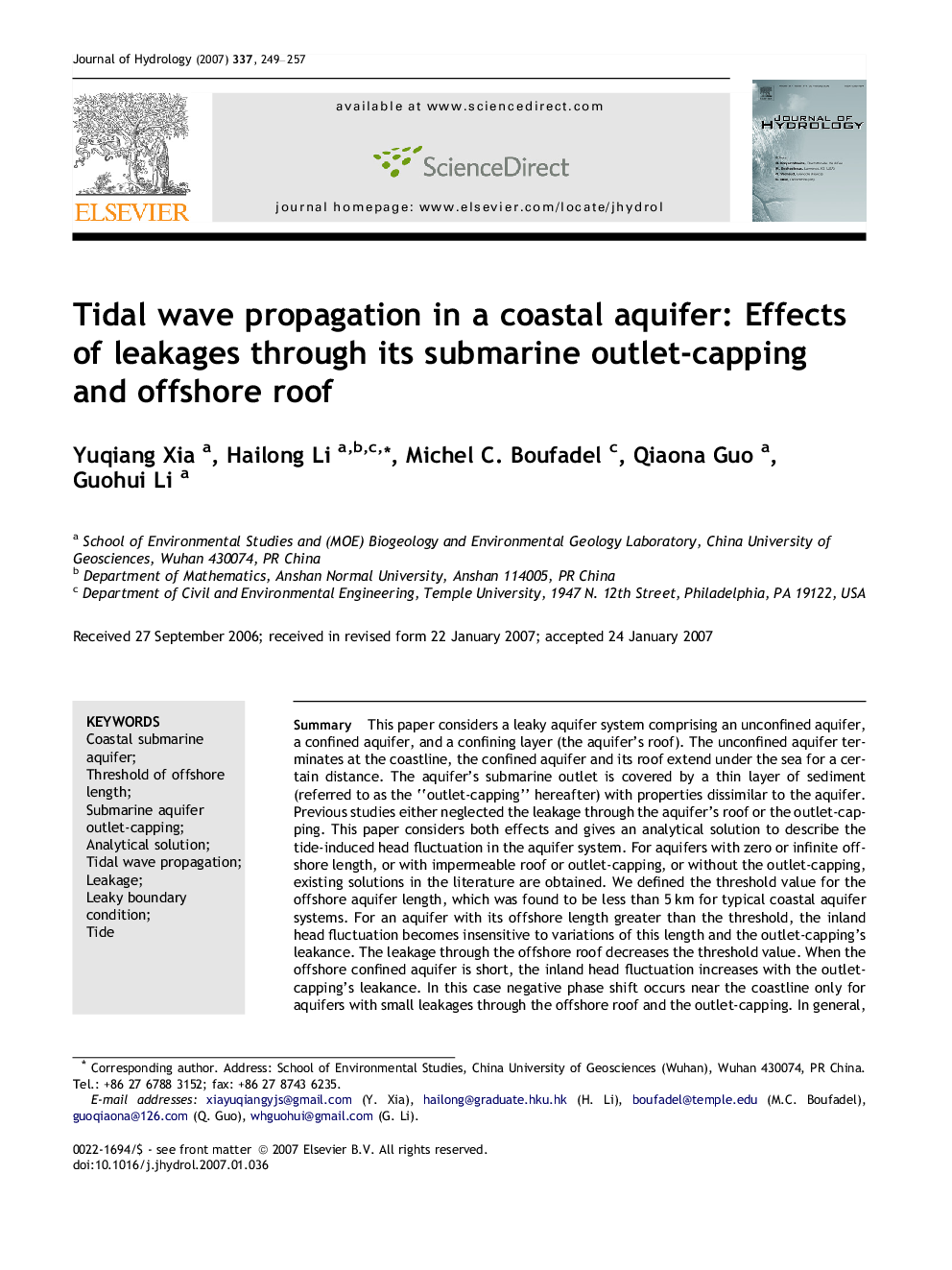 Tidal wave propagation in a coastal aquifer: Effects of leakages through its submarine outlet-capping and offshore roof