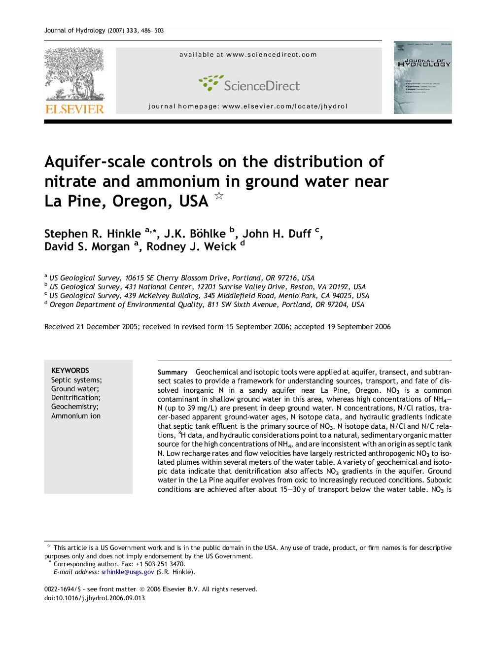 Aquifer-scale controls on the distribution of nitrate and ammonium in ground water near La Pine, Oregon, USA 