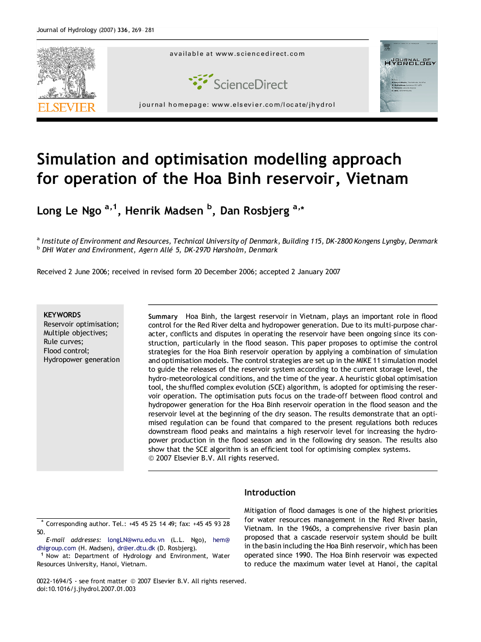 Simulation and optimisation modelling approach for operation of the Hoa Binh reservoir, Vietnam