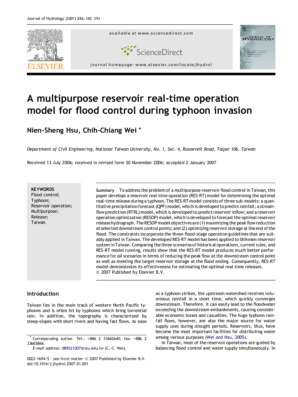 A multipurpose reservoir real-time operation model for flood control during typhoon invasion