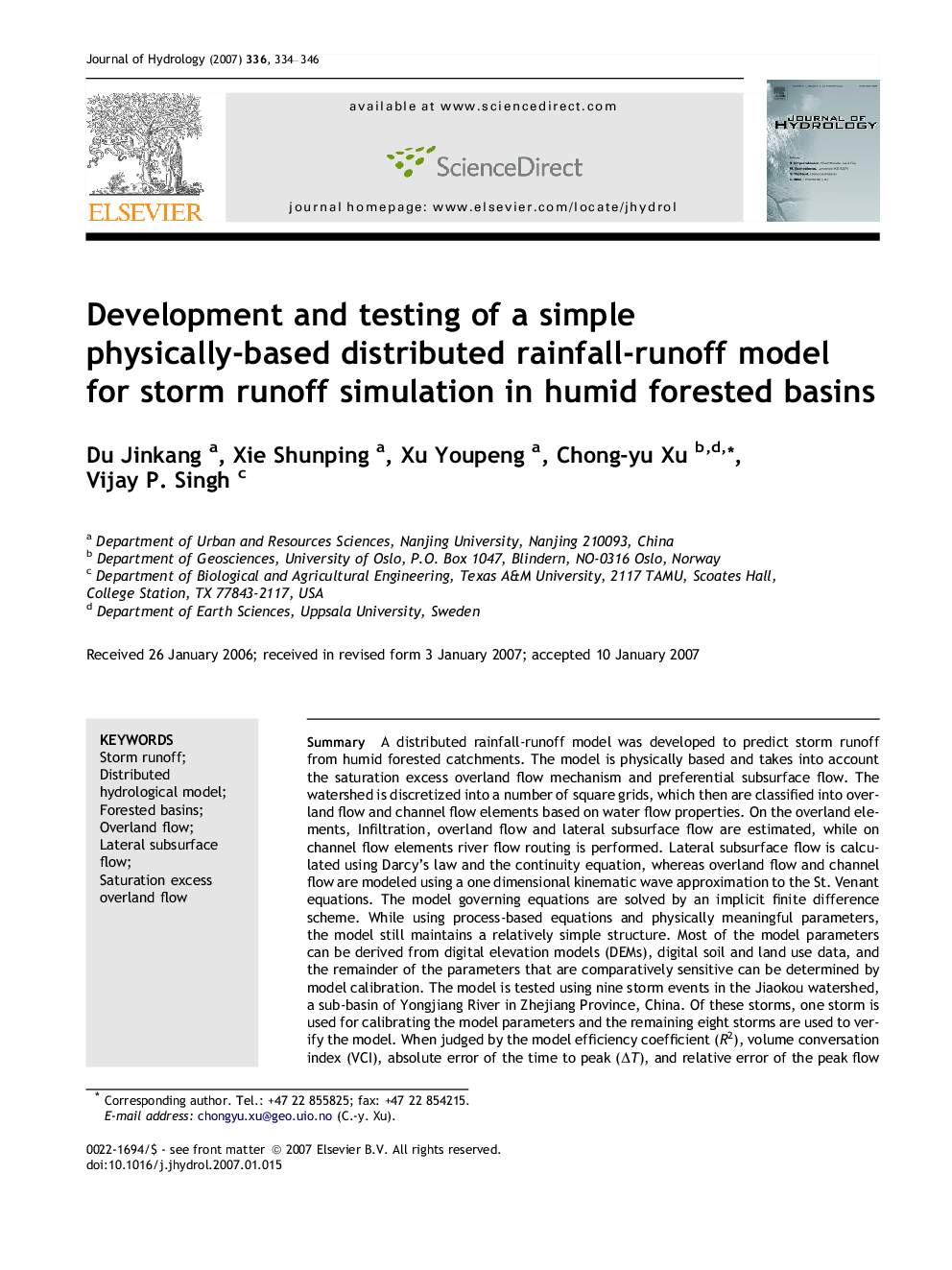 Development and testing of a simple physically-based distributed rainfall-runoff model for storm runoff simulation in humid forested basins