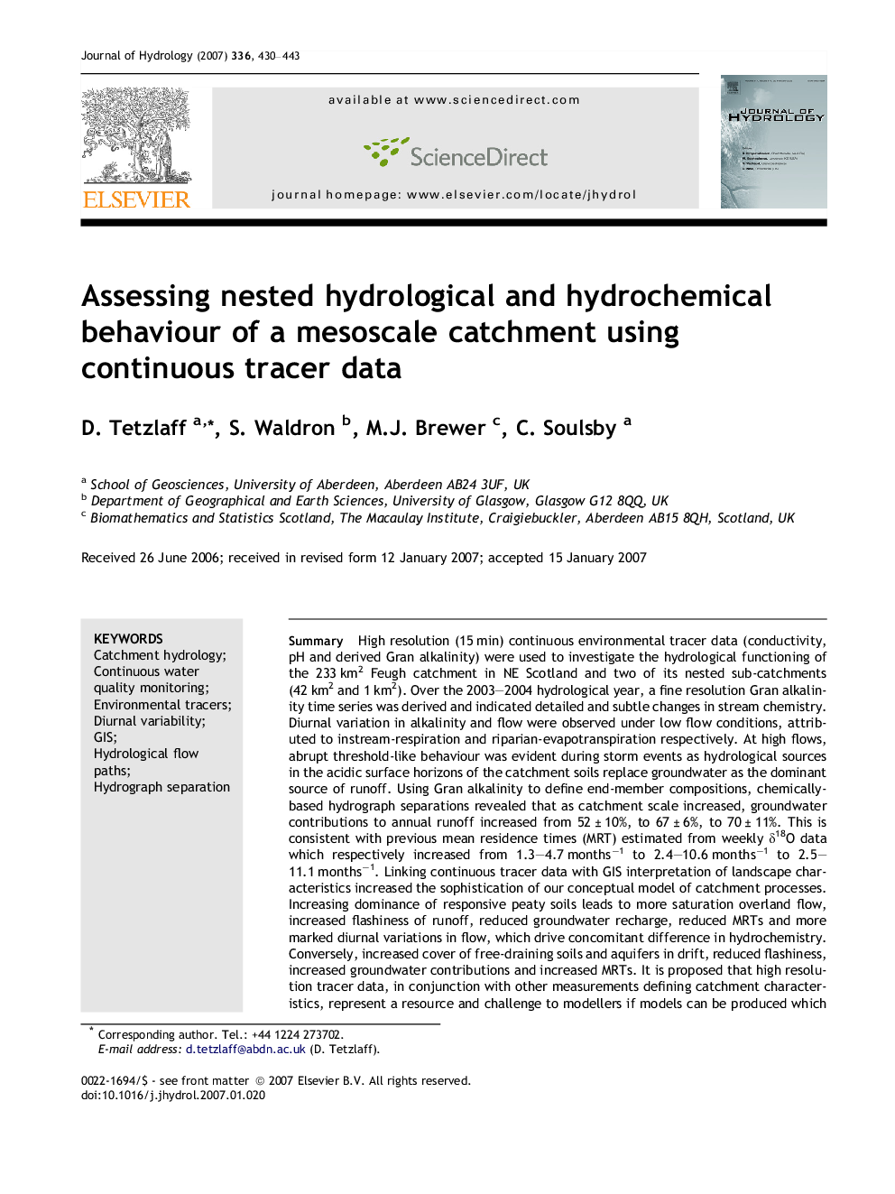 Assessing nested hydrological and hydrochemical behaviour of a mesoscale catchment using continuous tracer data