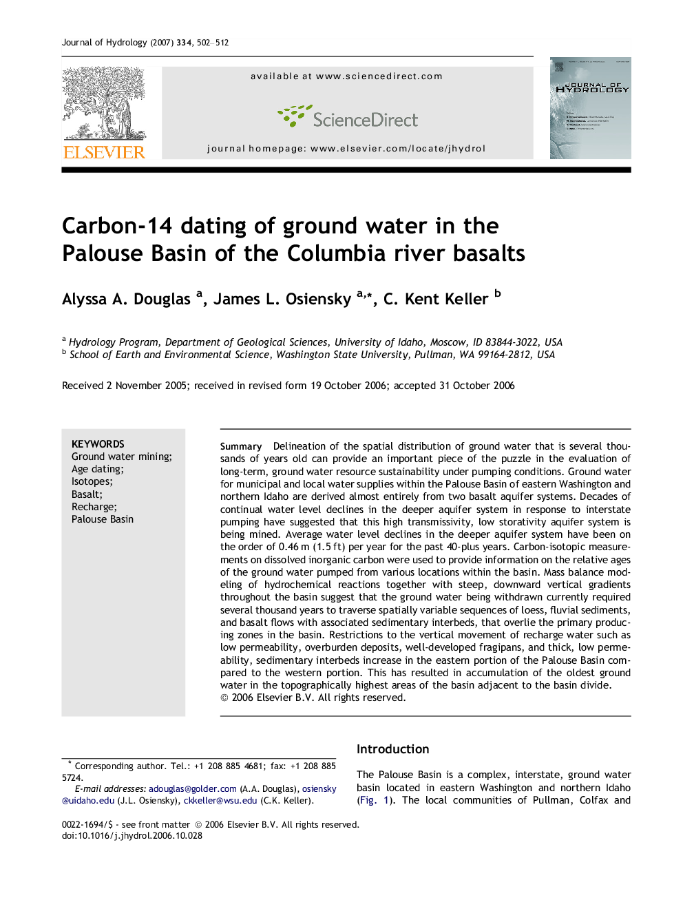 Carbon-14 dating of ground water in the Palouse Basin of the Columbia river basalts