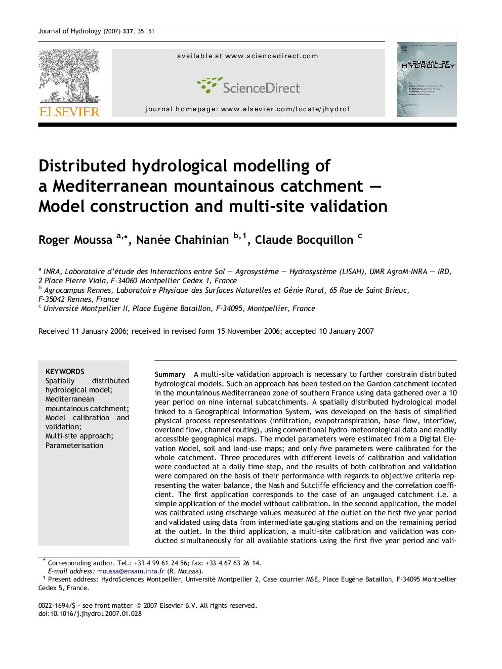 Distributed hydrological modelling of a Mediterranean mountainous catchment – Model construction and multi-site validation