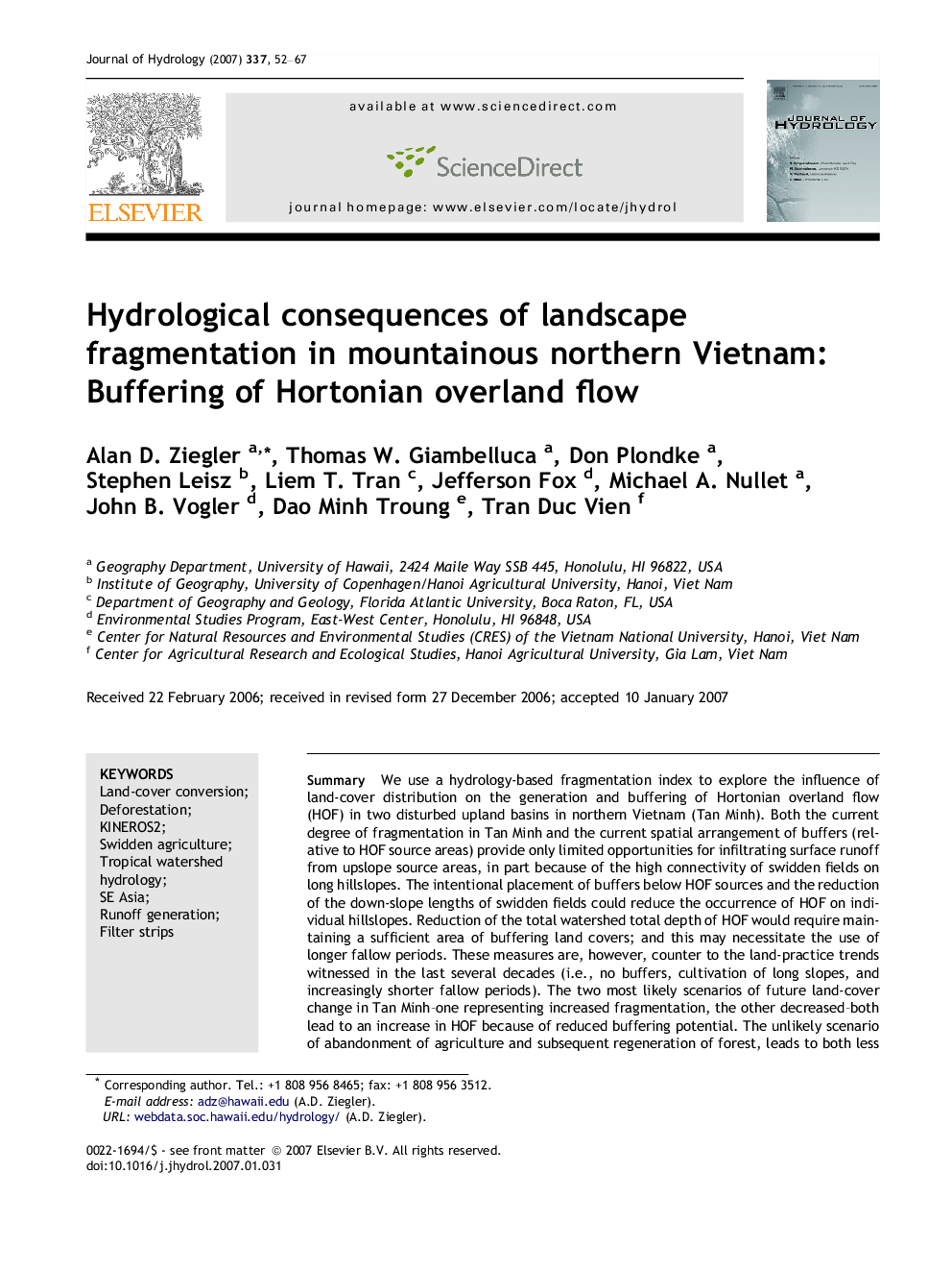 Hydrological consequences of landscape fragmentation in mountainous northern Vietnam: Buffering of Hortonian overland flow