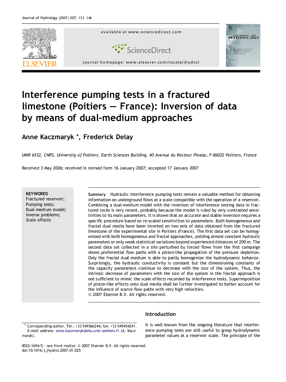 Interference pumping tests in a fractured limestone (Poitiers – France): Inversion of data by means of dual-medium approaches