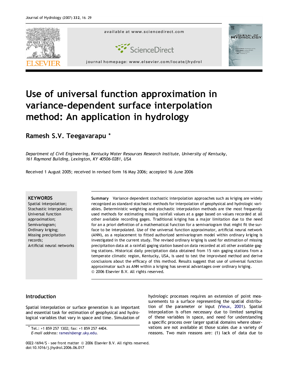 Use of universal function approximation in variance-dependent surface interpolation method: An application in hydrology