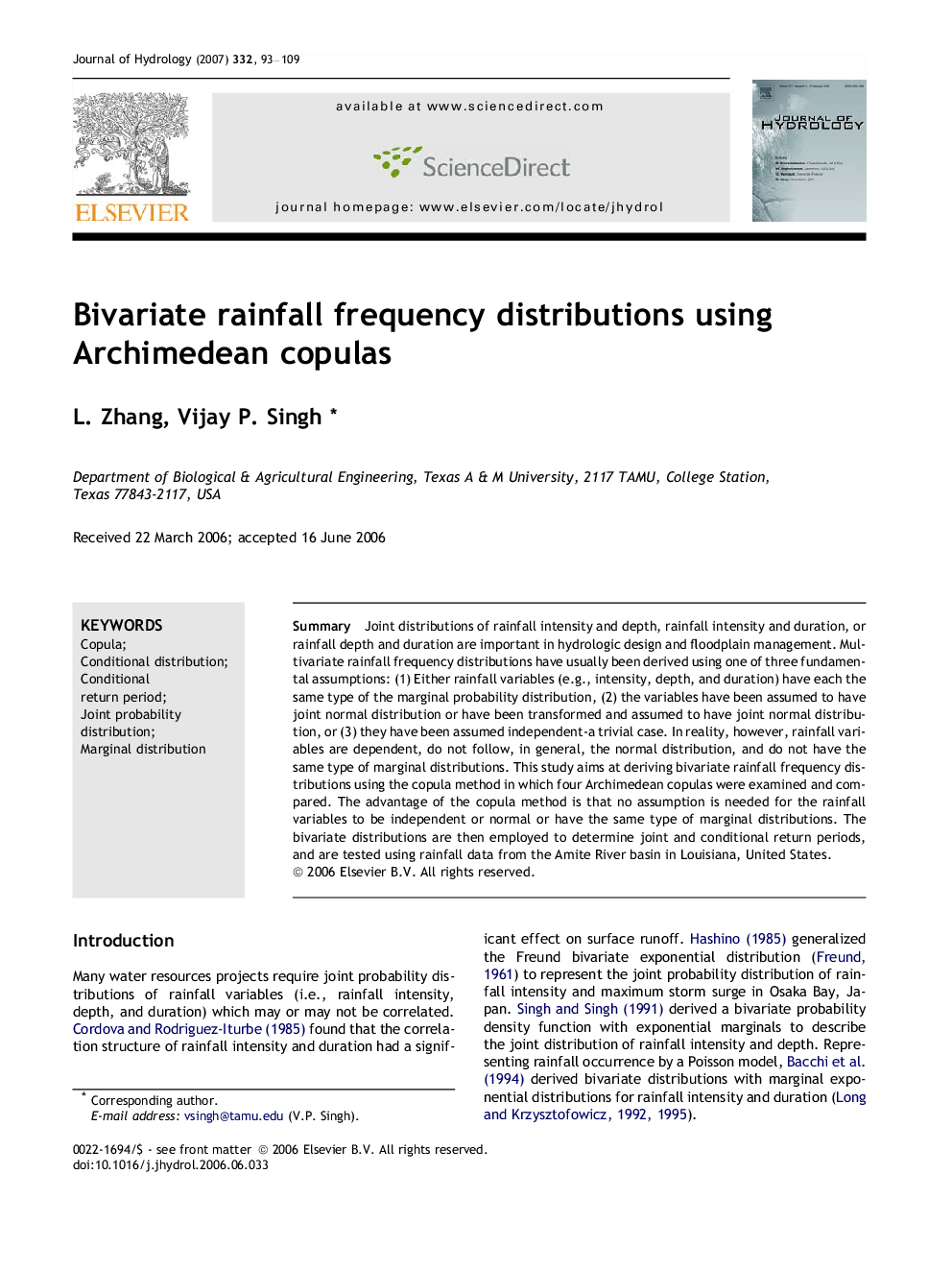 Bivariate rainfall frequency distributions using Archimedean copulas