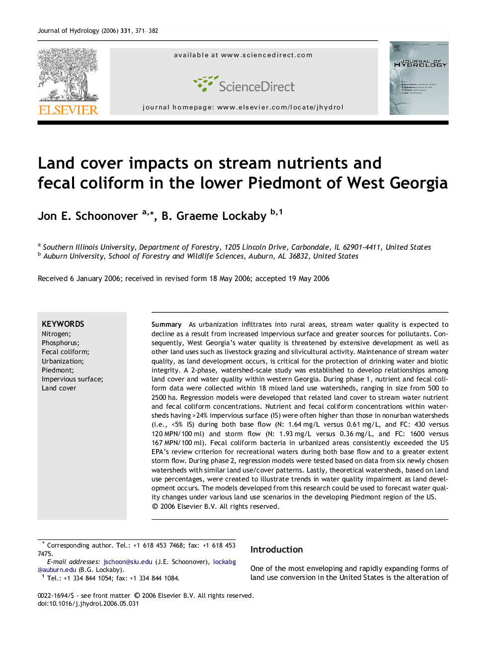 Land cover impacts on stream nutrients and fecal coliform in the lower Piedmont of West Georgia