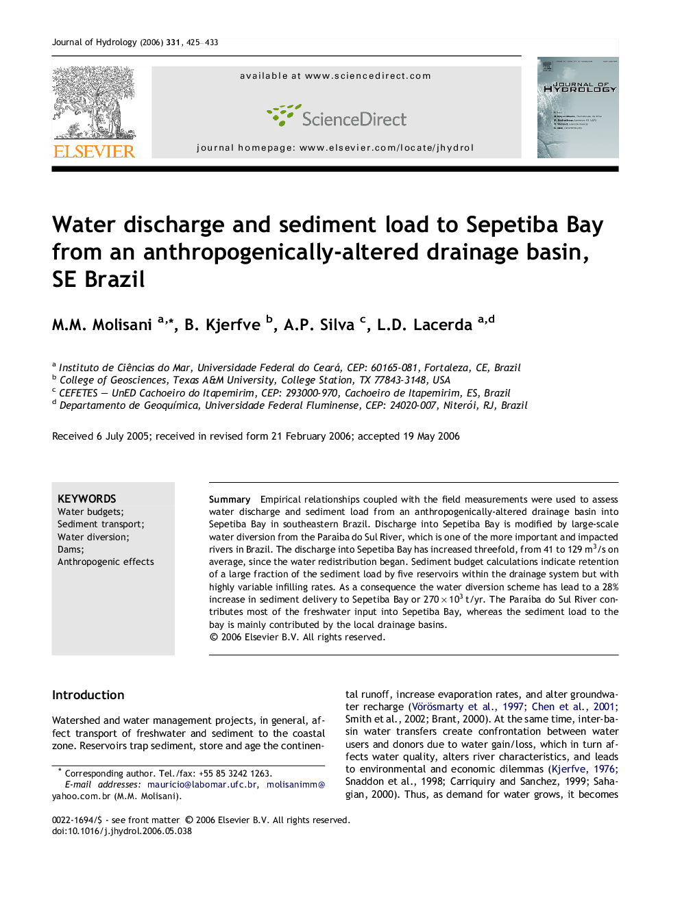 Water discharge and sediment load to Sepetiba Bay from an anthropogenically-altered drainage basin, SE Brazil