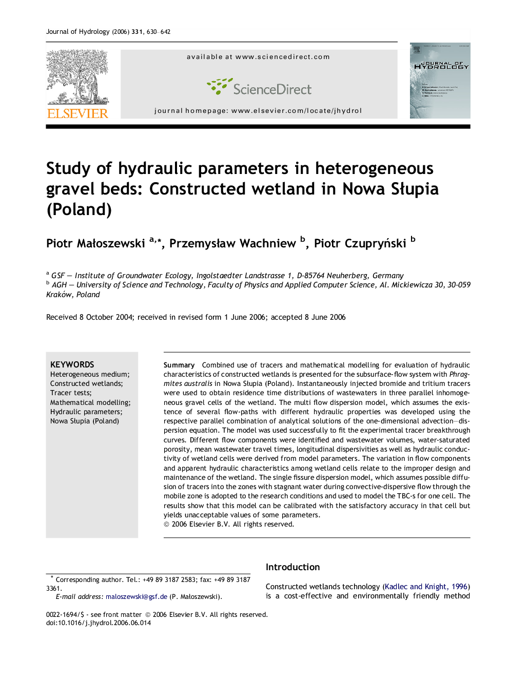 Study of hydraulic parameters in heterogeneous gravel beds: Constructed wetland in Nowa Słupia (Poland)