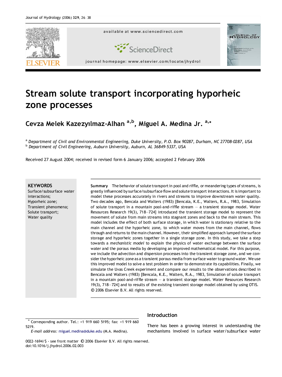 Stream solute transport incorporating hyporheic zone processes