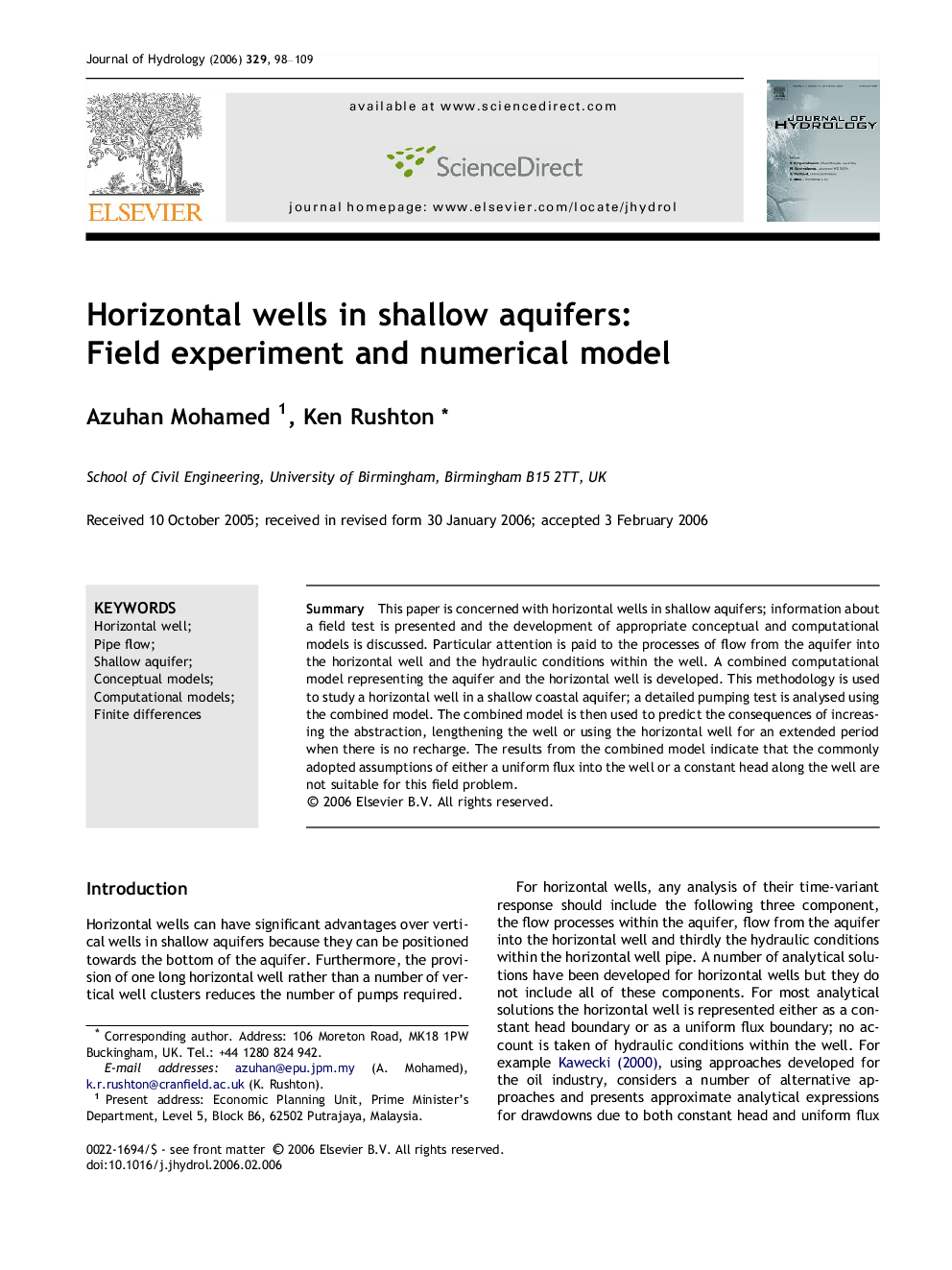 Horizontal wells in shallow aquifers: Field experiment and numerical model