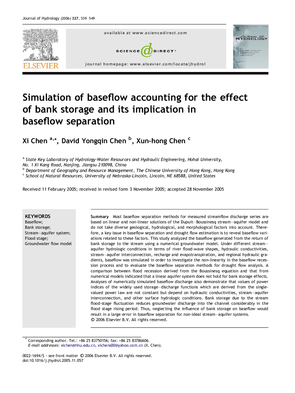 Simulation of baseflow accounting for the effect of bank storage and its implication in baseflow separation