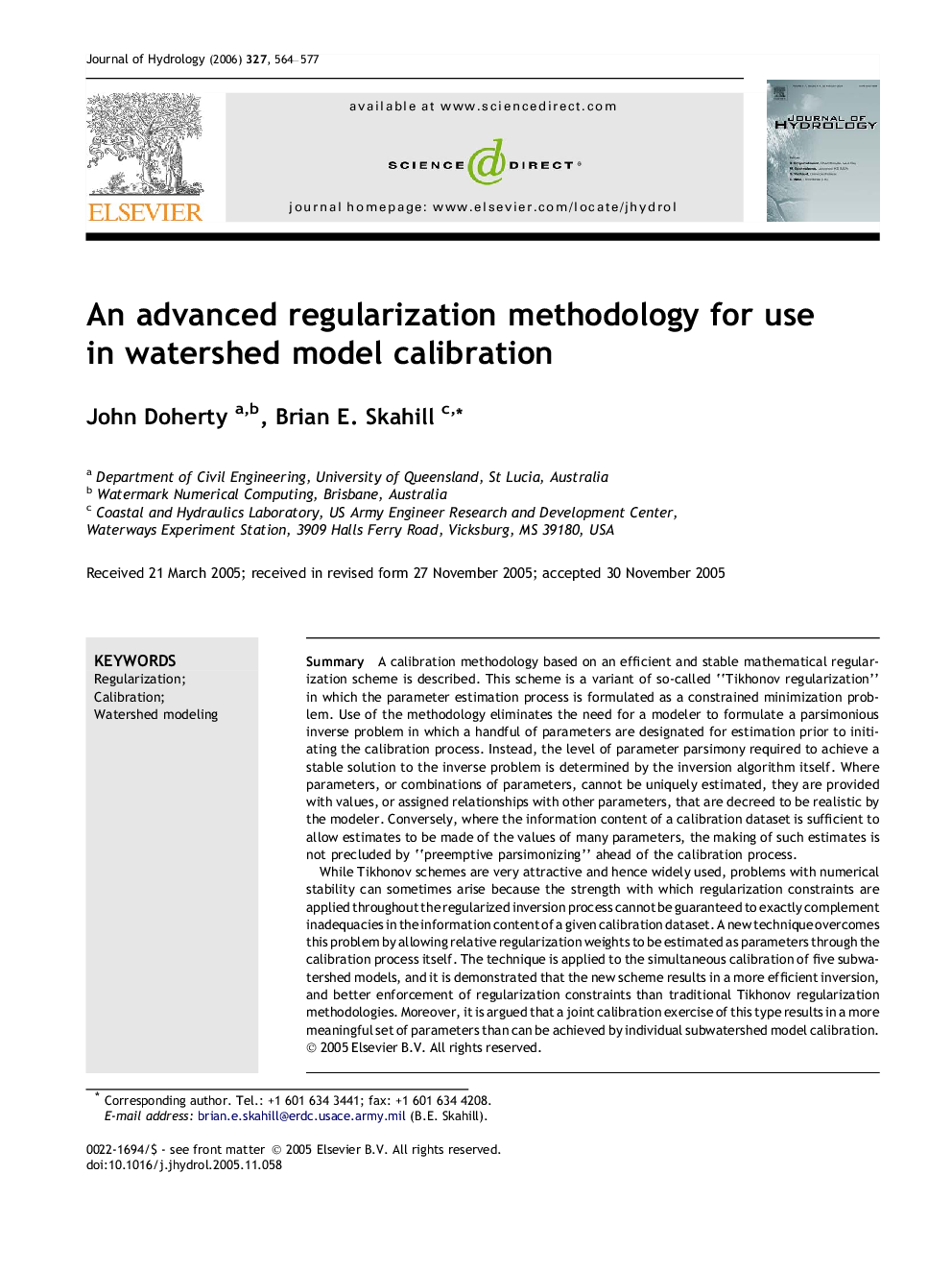 An advanced regularization methodology for use in watershed model calibration