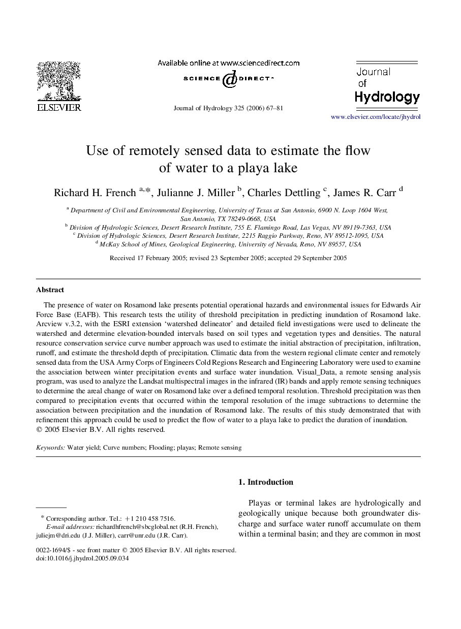 Use of remotely sensed data to estimate the flow of water to a playa lake