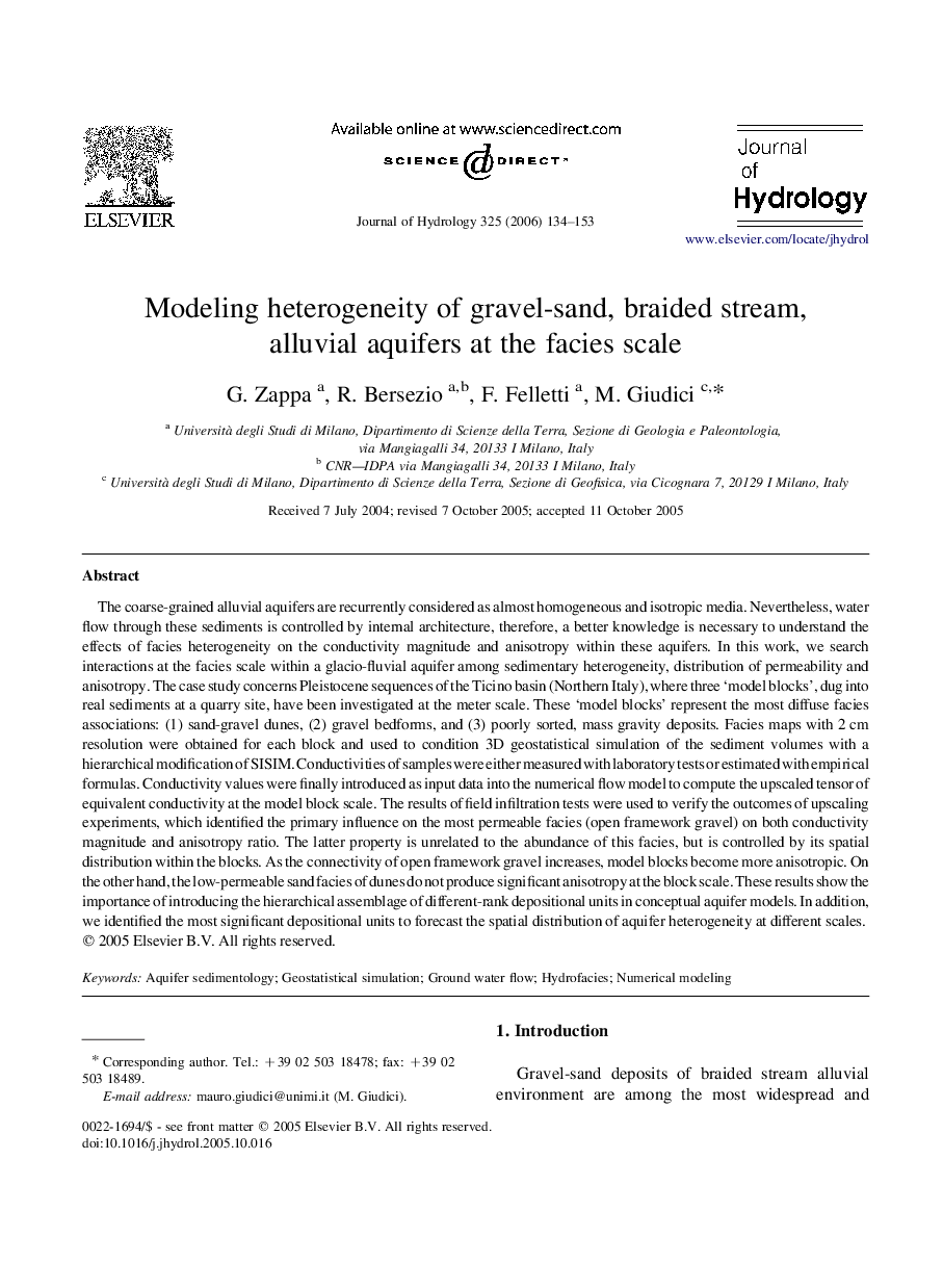 Modeling heterogeneity of gravel-sand, braided stream, alluvial aquifers at the facies scale