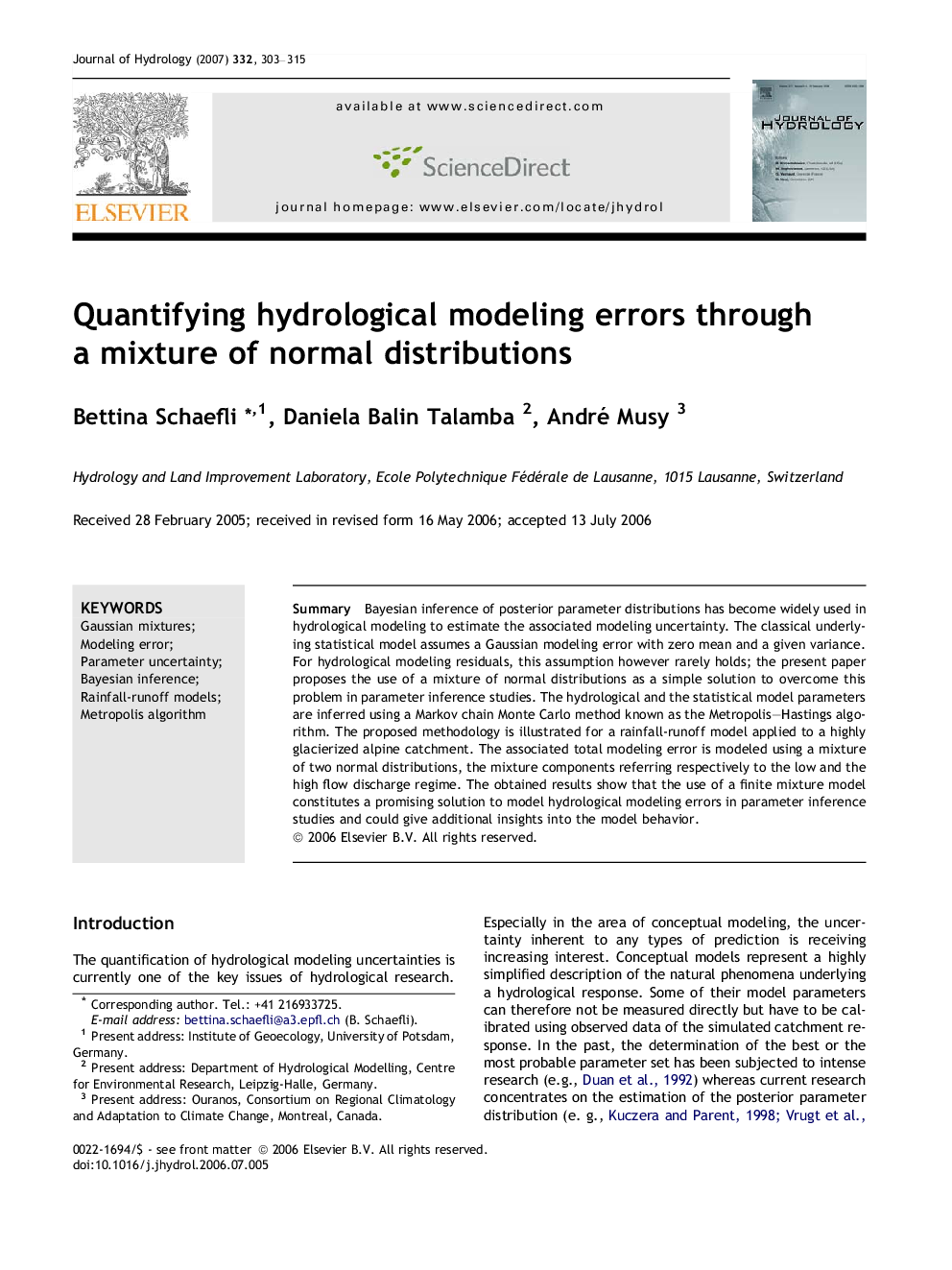 Quantifying hydrological modeling errors through a mixture of normal distributions