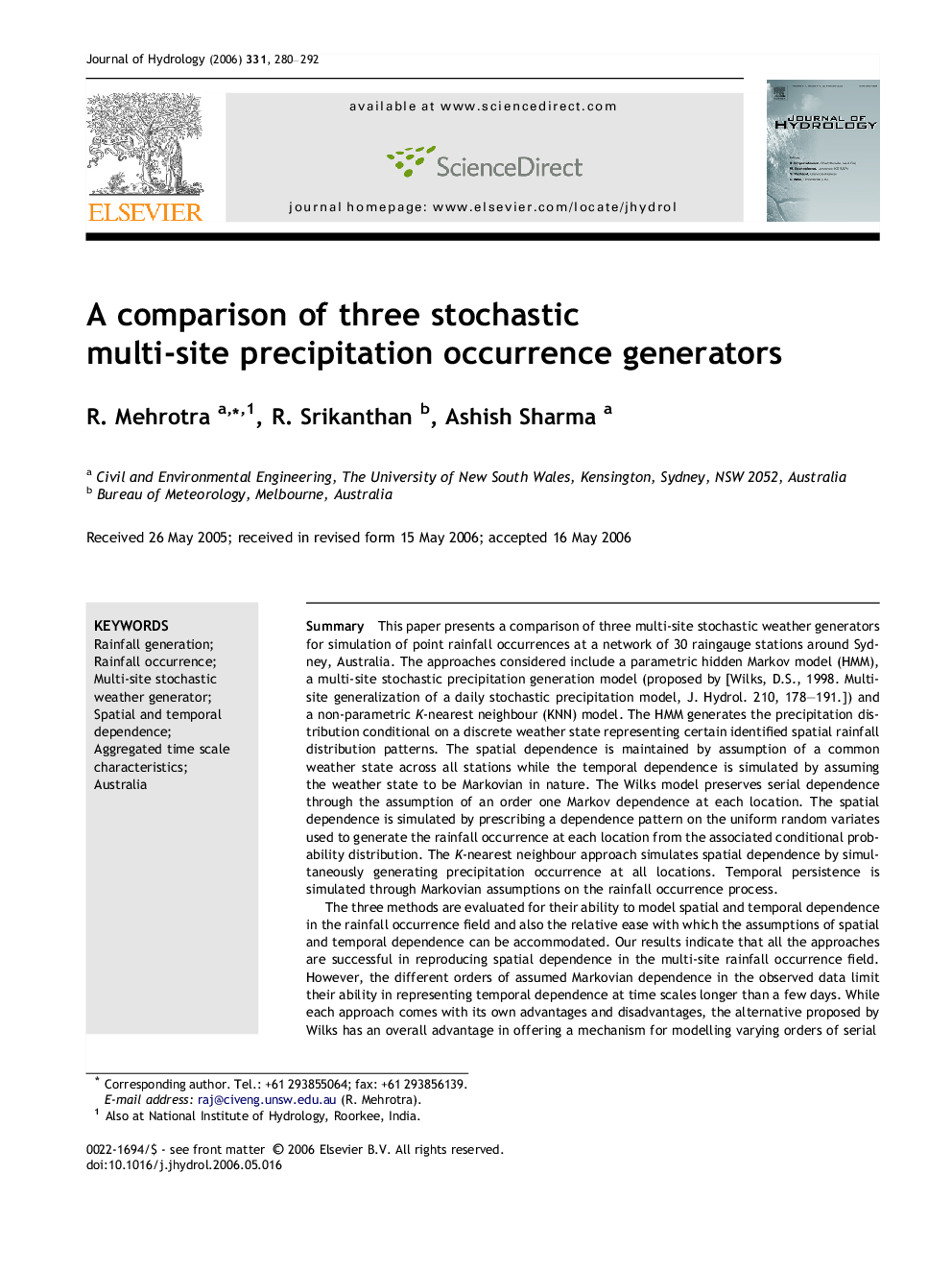 A comparison of three stochastic multi-site precipitation occurrence generators