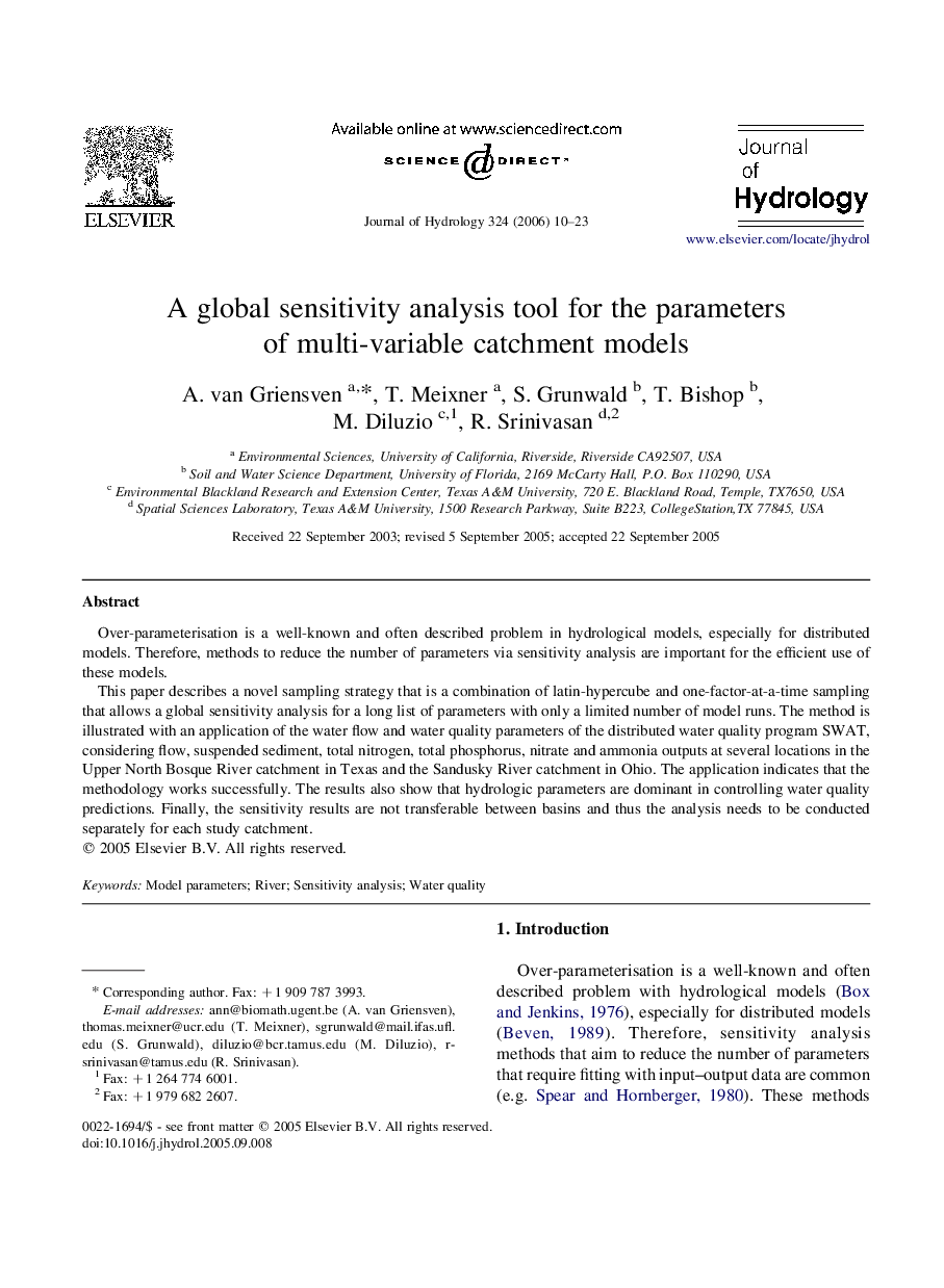 A global sensitivity analysis tool for the parameters of multi-variable catchment models