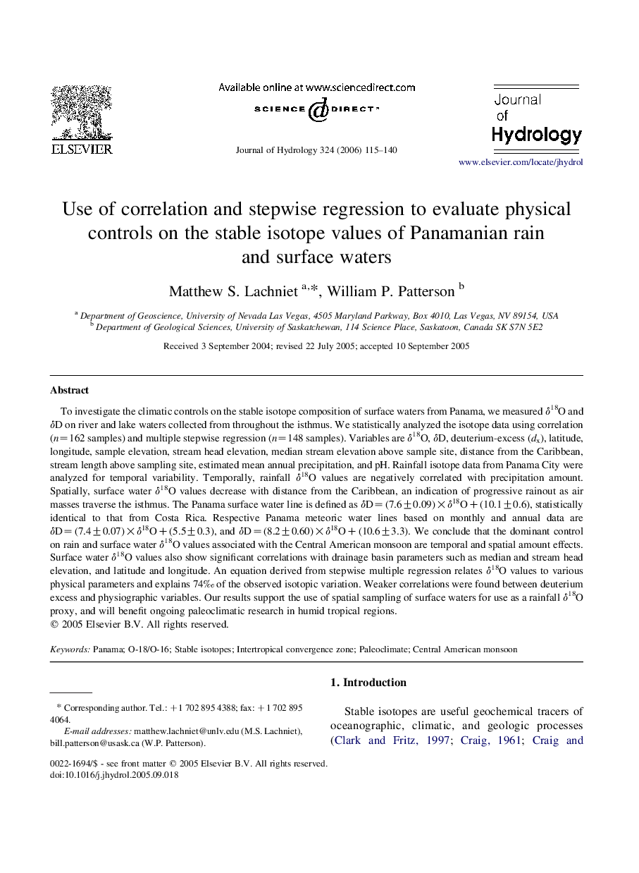 Use of correlation and stepwise regression to evaluate physical controls on the stable isotope values of Panamanian rain and surface waters