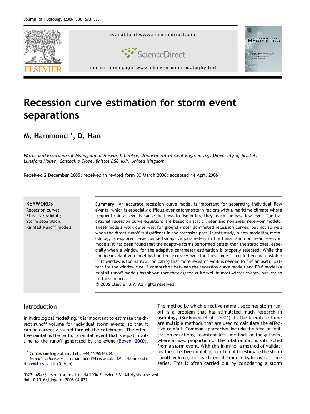 Recession curve estimation for storm event separations