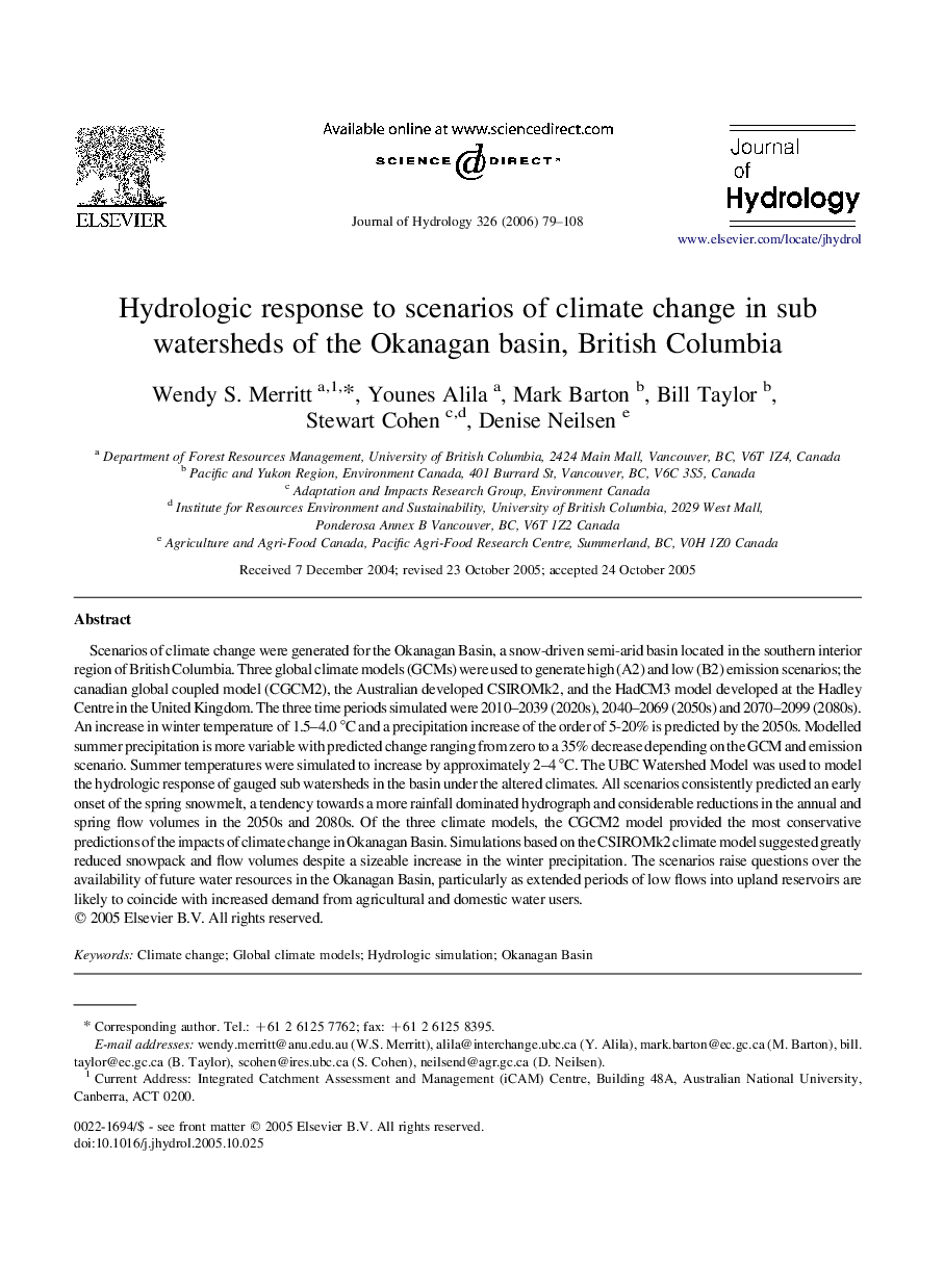 Hydrologic response to scenarios of climate change in sub watersheds of the Okanagan basin, British Columbia