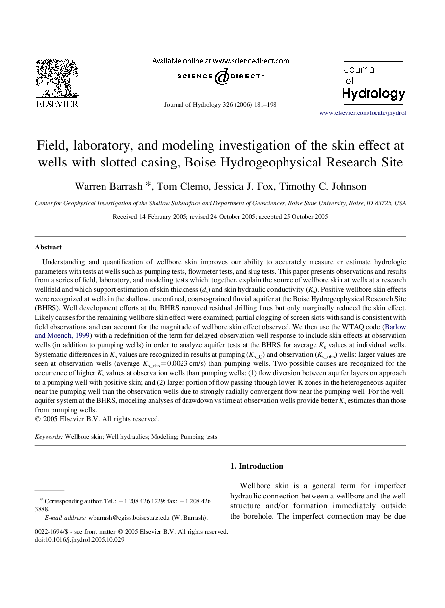 Field, laboratory, and modeling investigation of the skin effect at wells with slotted casing, Boise Hydrogeophysical Research Site