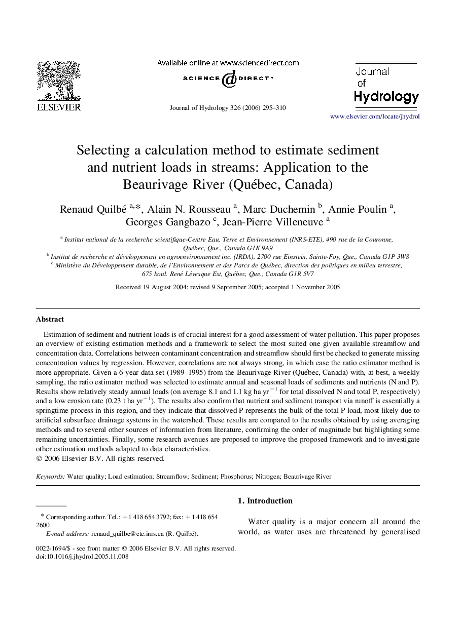 Selecting a calculation method to estimate sediment and nutrient loads in streams: Application to the Beaurivage River (Québec, Canada)